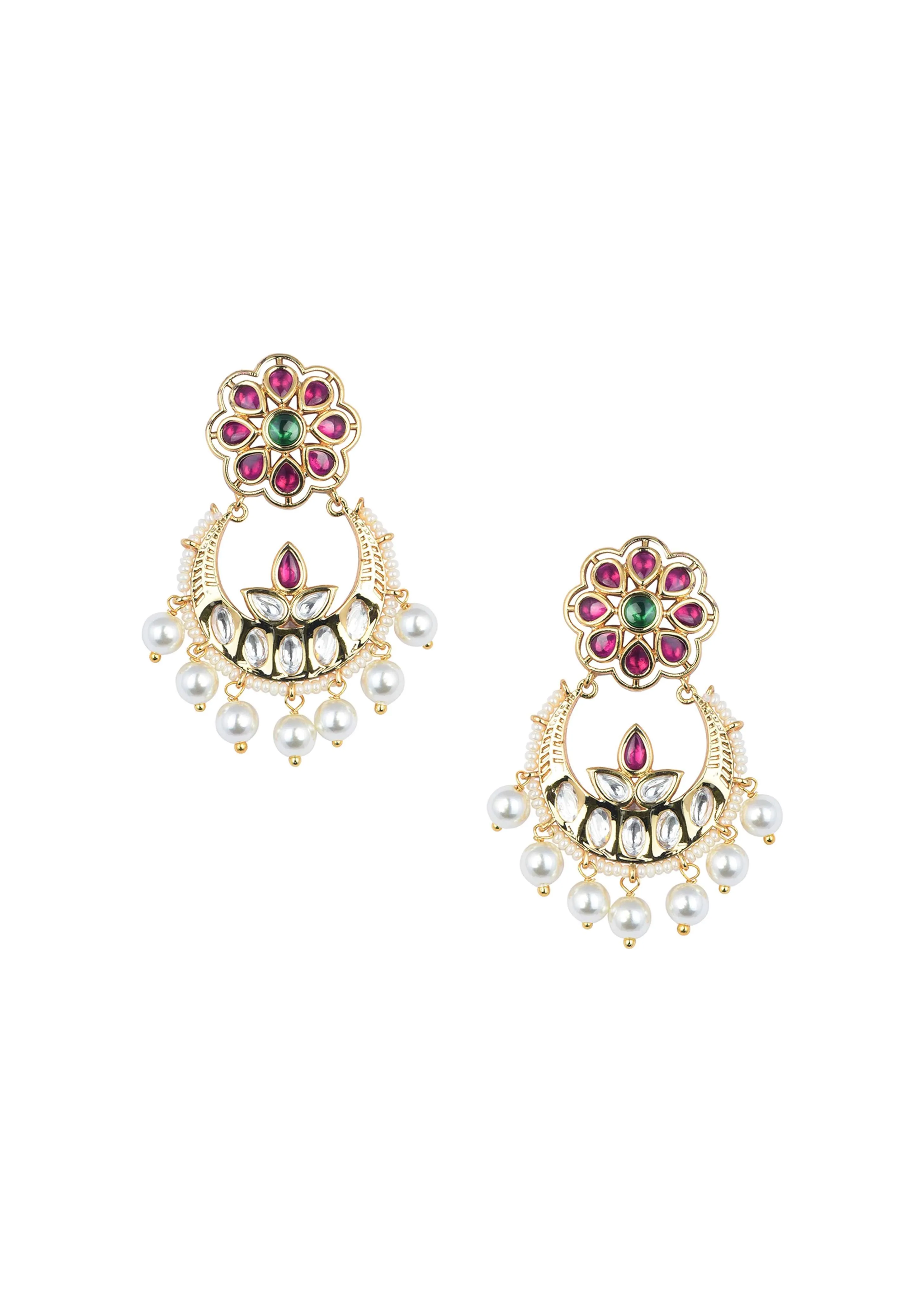 Gold Tone Temple Choker With Chandbali Earrings And Meenakari Detail