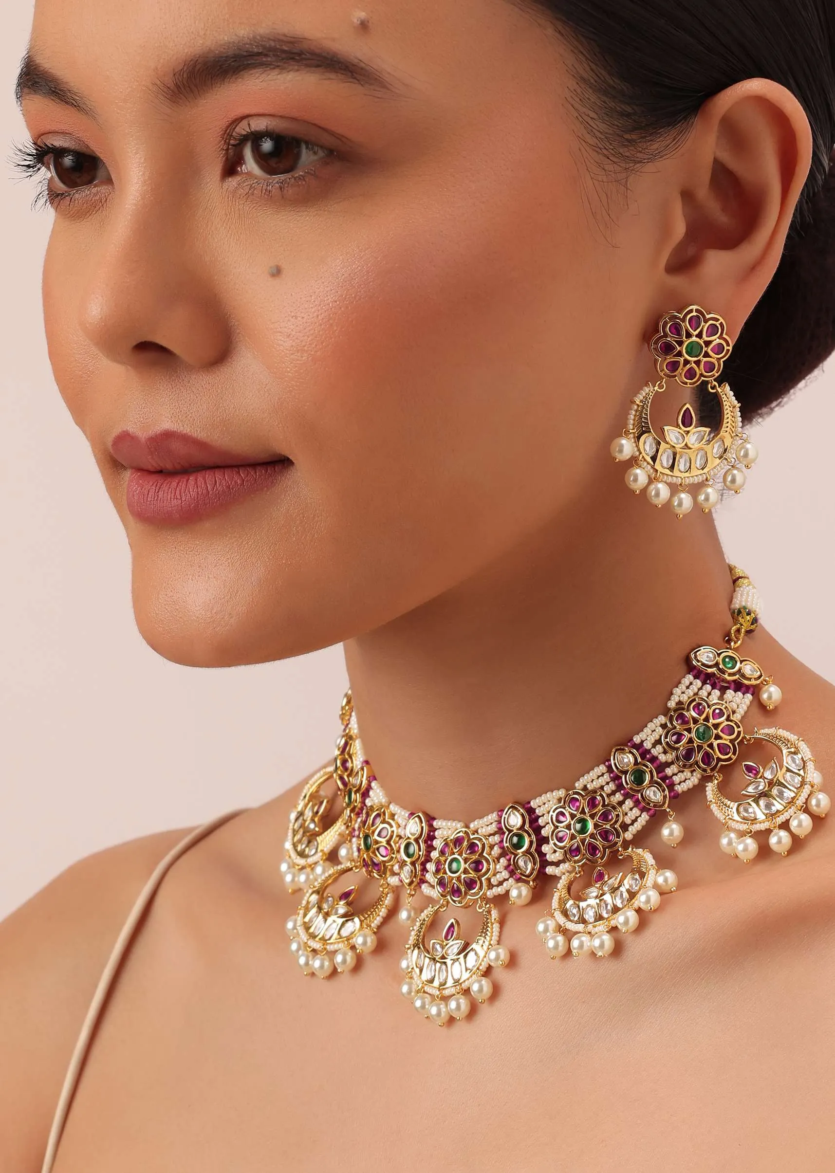 Gold Tone Temple Choker With Chandbali Earrings And Meenakari Detail