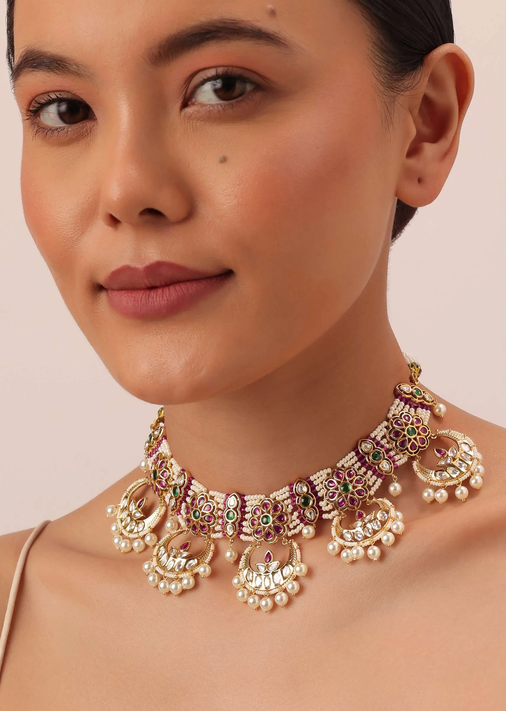 Gold Tone Temple Choker With Chandbali Earrings And Meenakari Detail