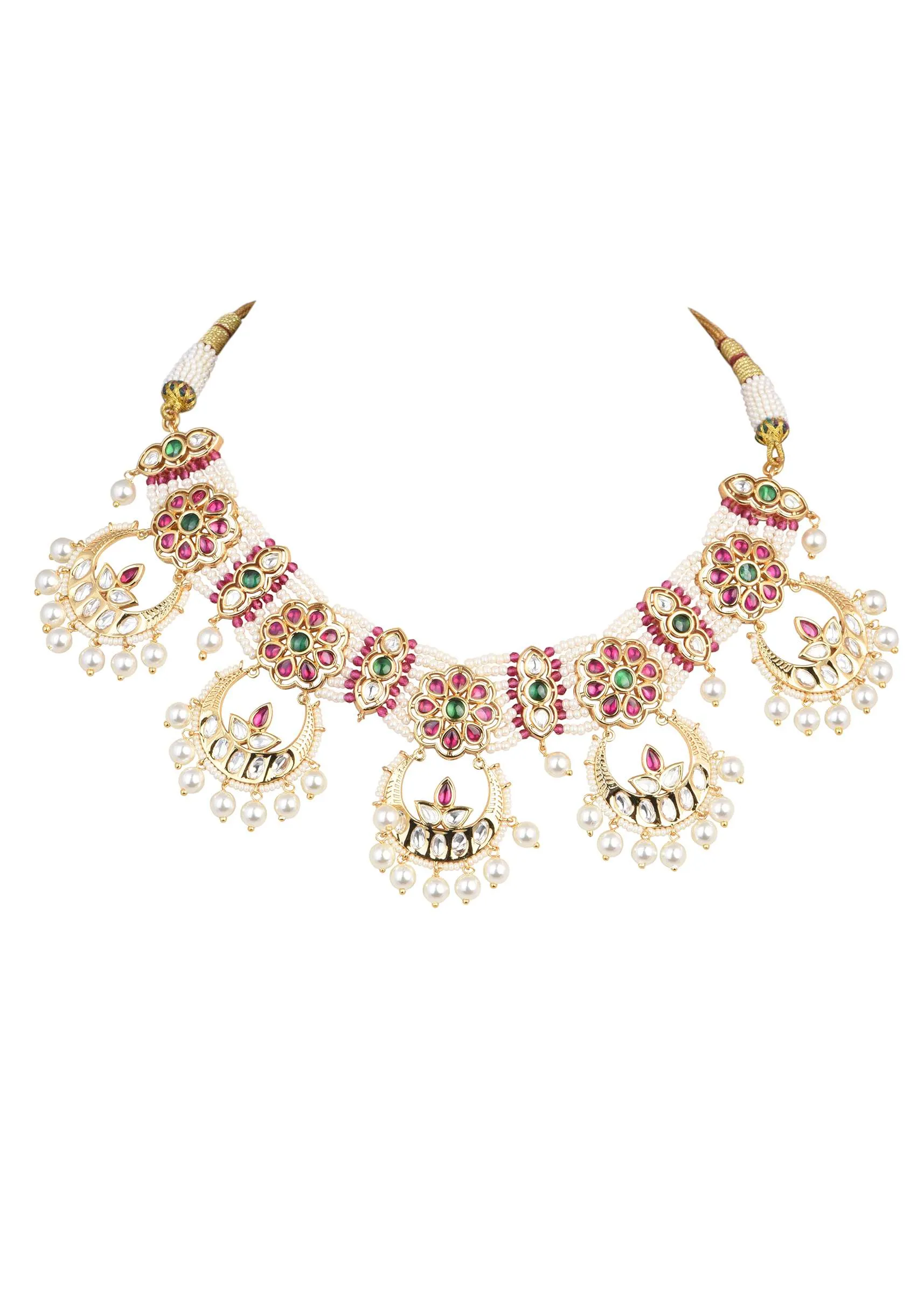 Gold Tone Temple Choker With Chandbali Earrings And Meenakari Detail