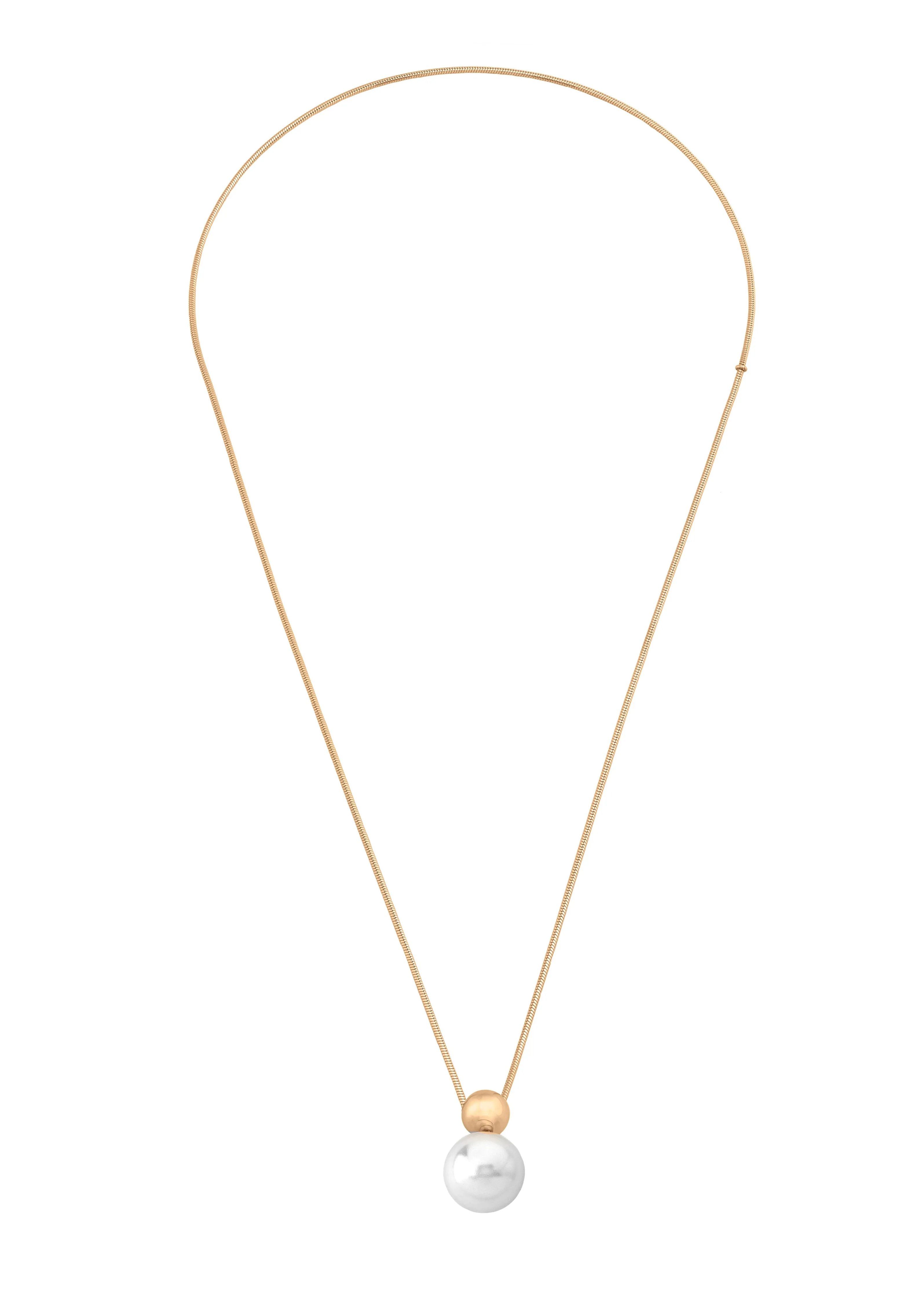 Golden Steel Adjustable Long Necklace for Women with White Round Pearl, 16mm Pearl, 27" Chain Length, Aura Collection
