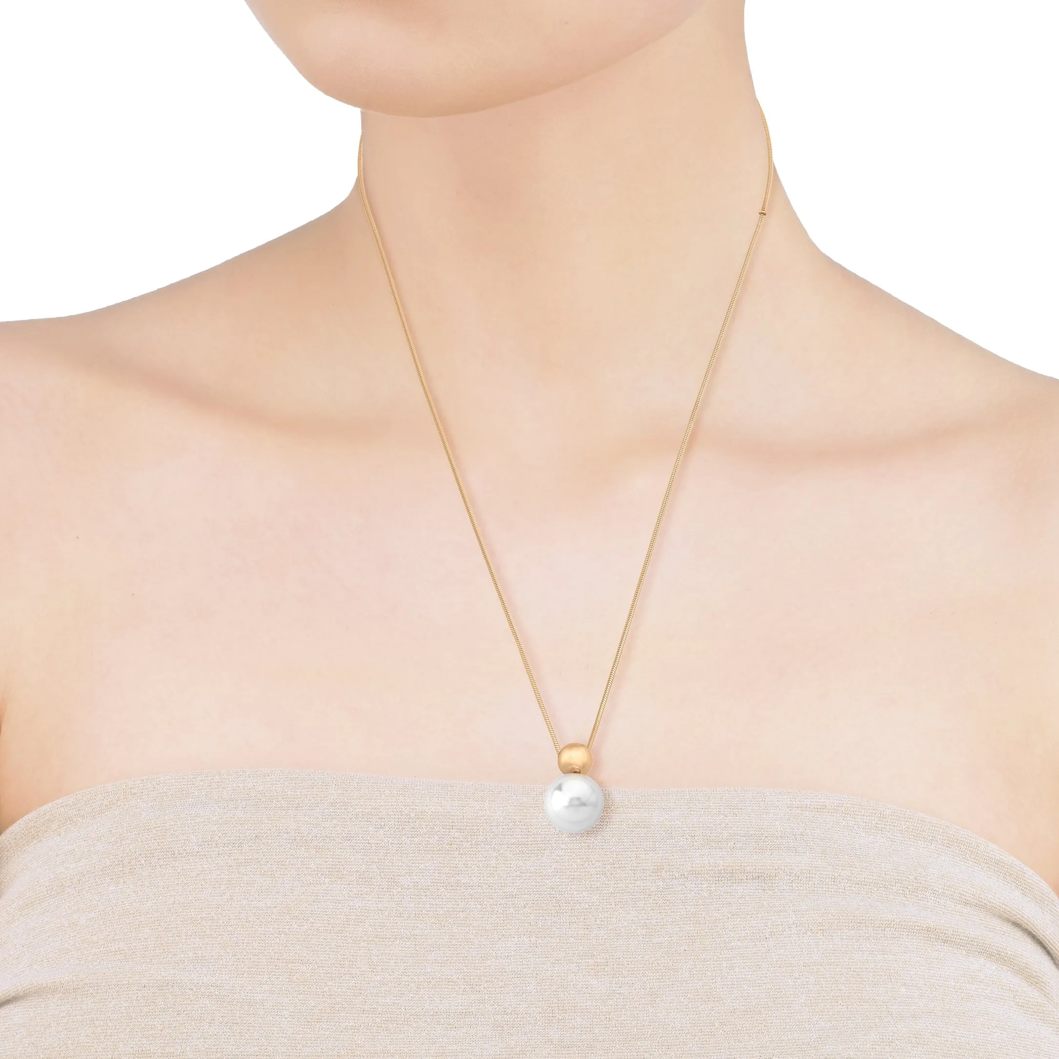 Golden Steel Adjustable Long Necklace for Women with White Round Pearl, 16mm Pearl, 27" Chain Length, Aura Collection