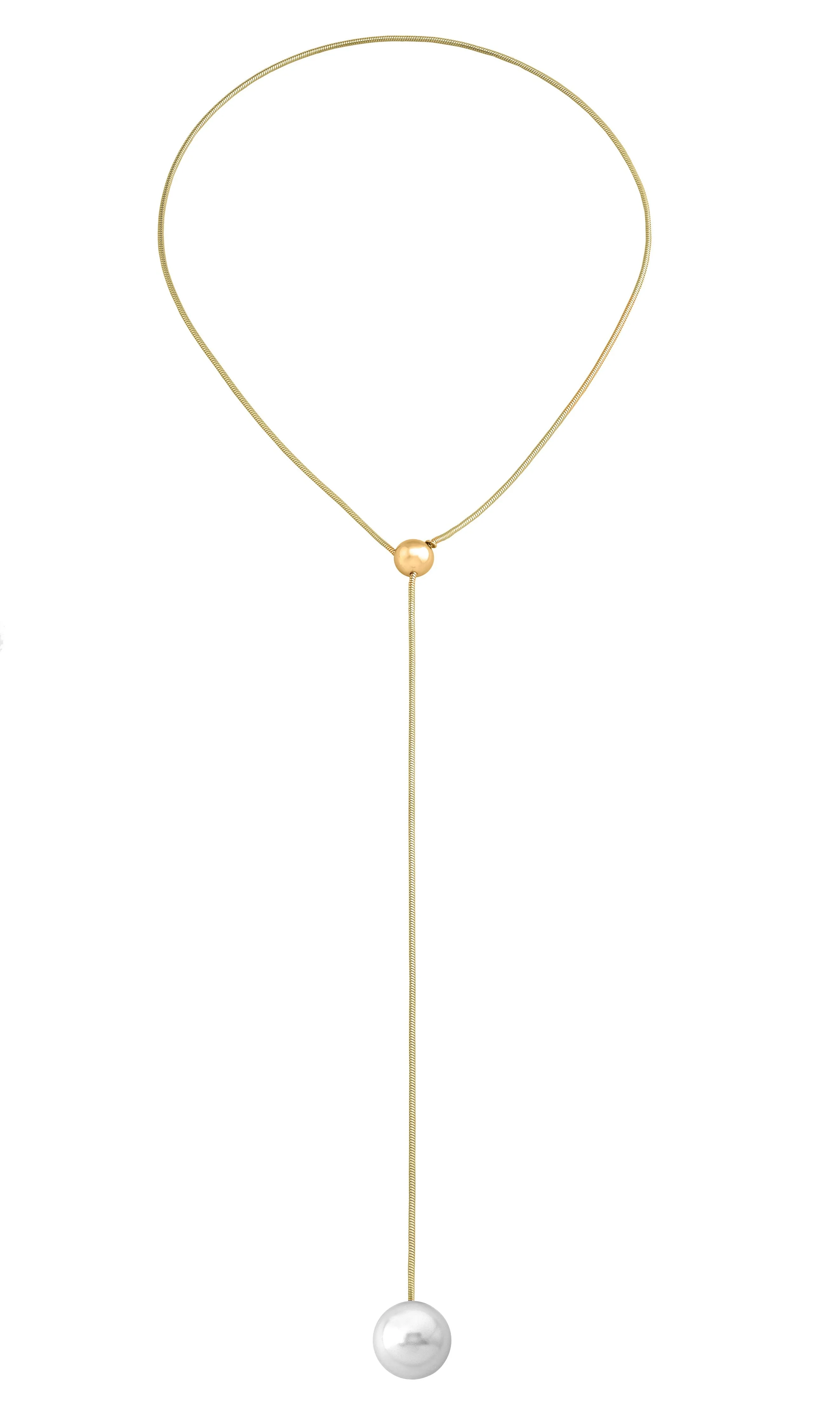 Golden Steel Adjustable Long Necklace for Women with White Round Pearl, 16mm Pearl, 27" Chain Length, Aura Collection