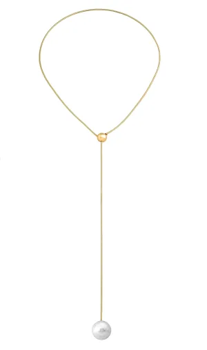 Golden Steel Adjustable Long Necklace for Women with White Round Pearl, 16mm Pearl, 27" Chain Length, Aura Collection