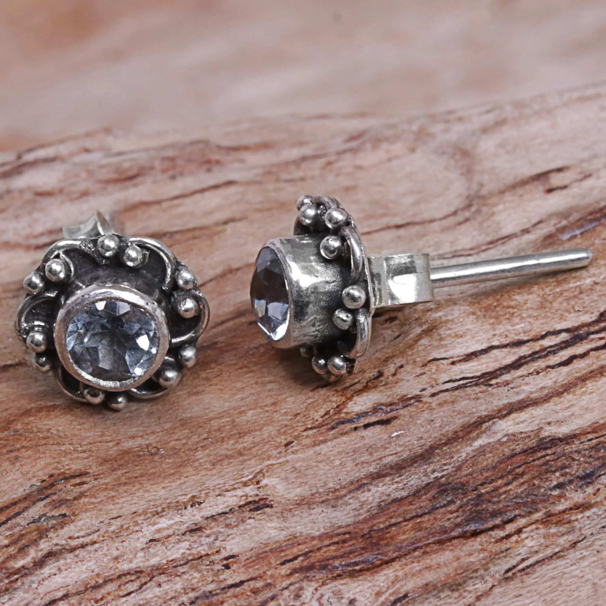 Hand Made Blue Topaz Stud Earrings from Indonesia - Little Happiness in Blue | NOVICA
