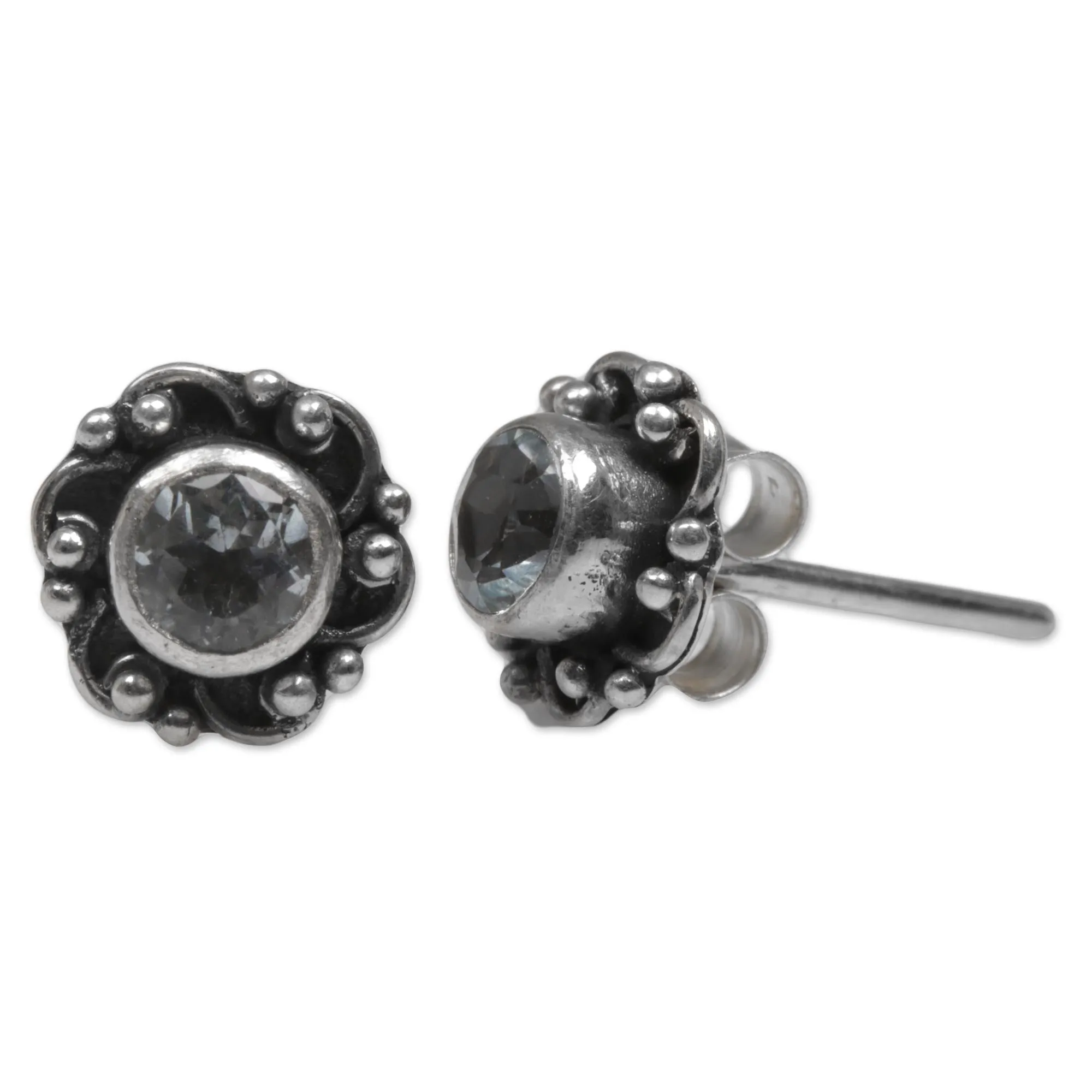 Hand Made Blue Topaz Stud Earrings from Indonesia - Little Happiness in Blue | NOVICA