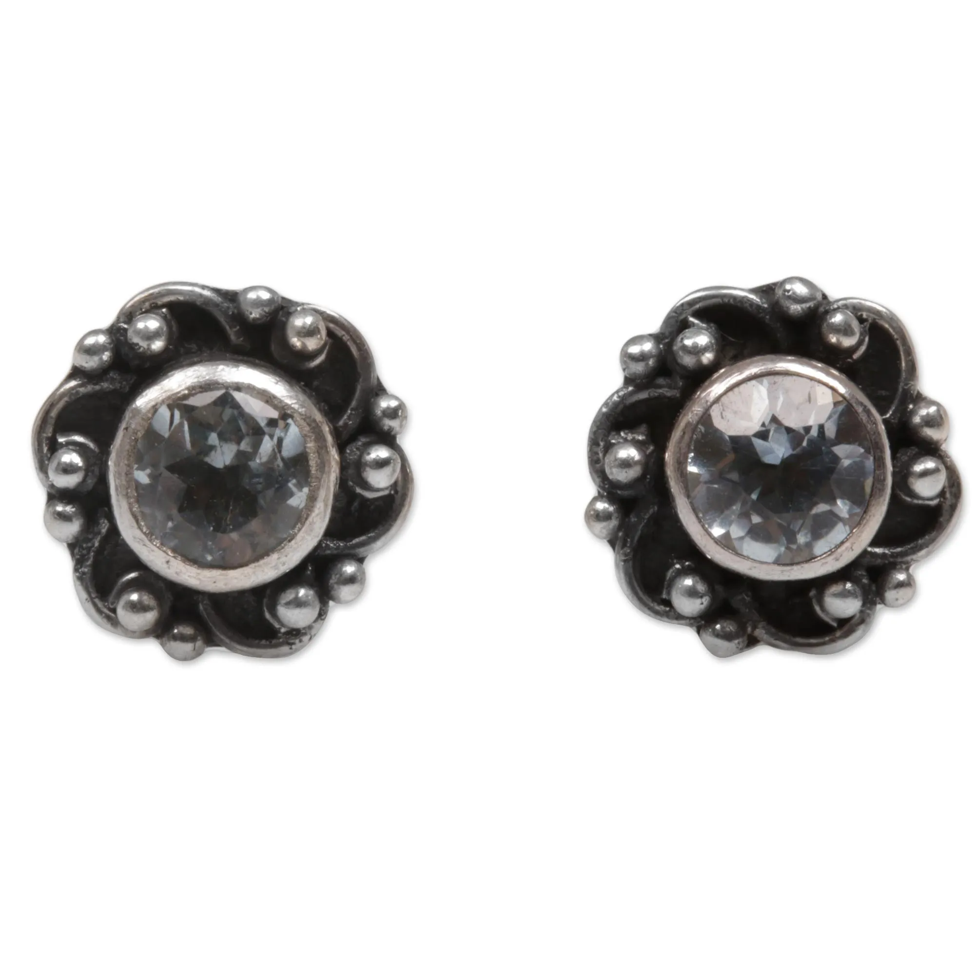 Hand Made Blue Topaz Stud Earrings from Indonesia - Little Happiness in Blue | NOVICA