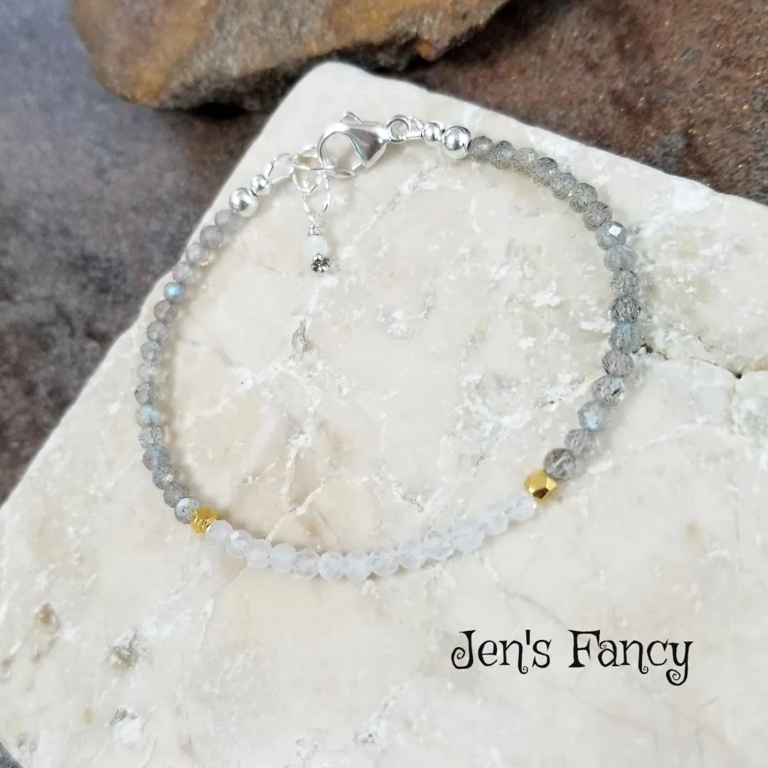 Labradorite & Moonstone Natural Gemstone Bracelet Sterling Silver and Vermeil
