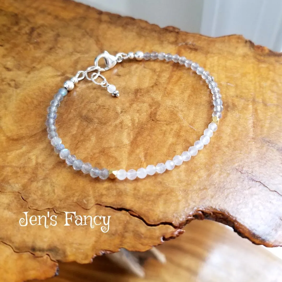 Labradorite & Moonstone Natural Gemstone Bracelet Sterling Silver and Vermeil