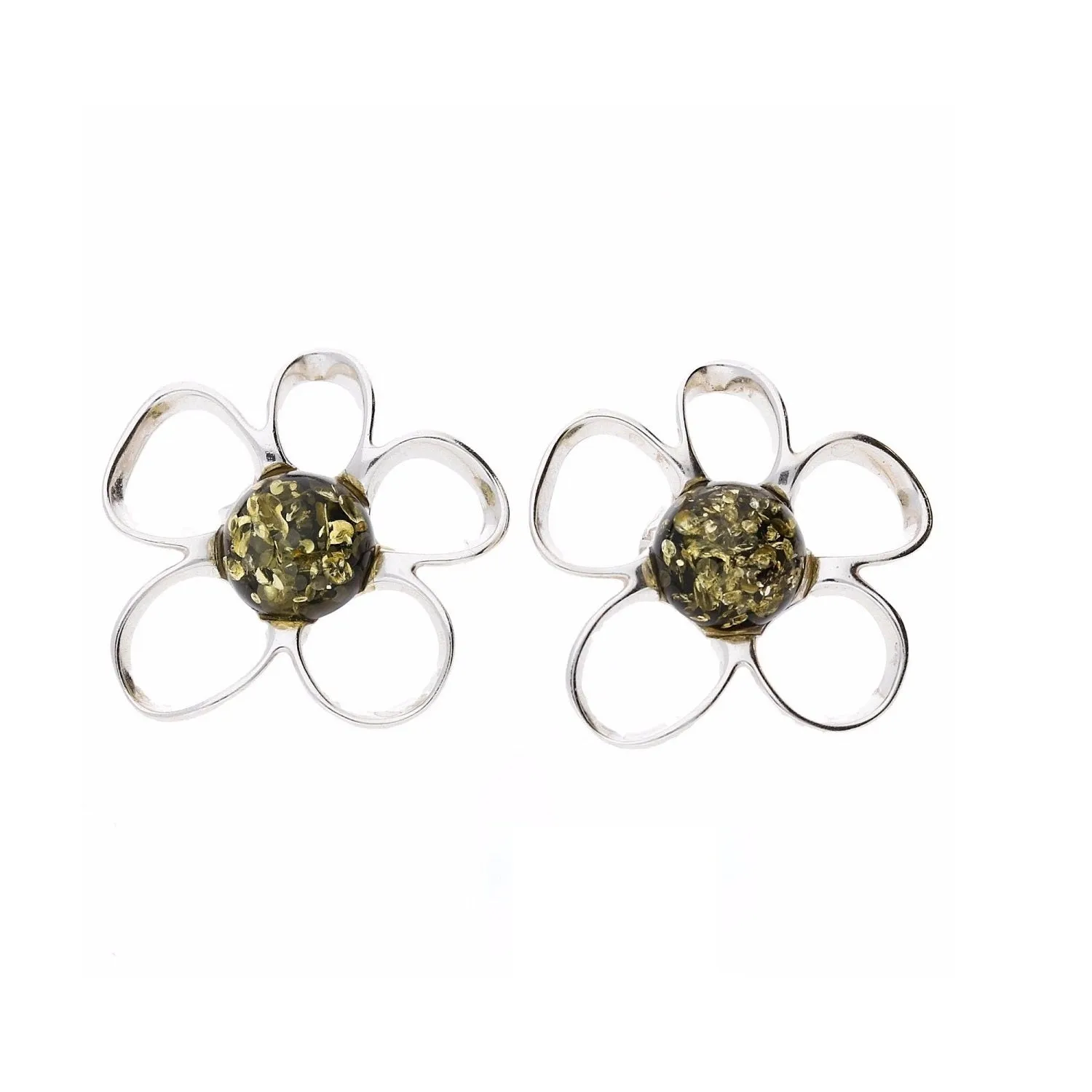 MILENA earrings Silver and Green Amber Flower Stud