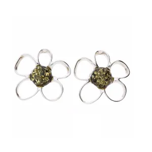 MILENA earrings Silver and Green Amber Flower Stud