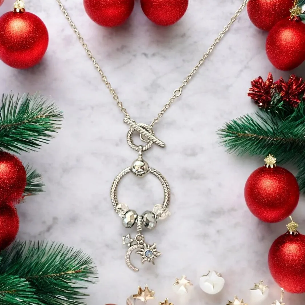 Moon Sun Star Sterling Silver Toggle Charm Necklace, 20 inches