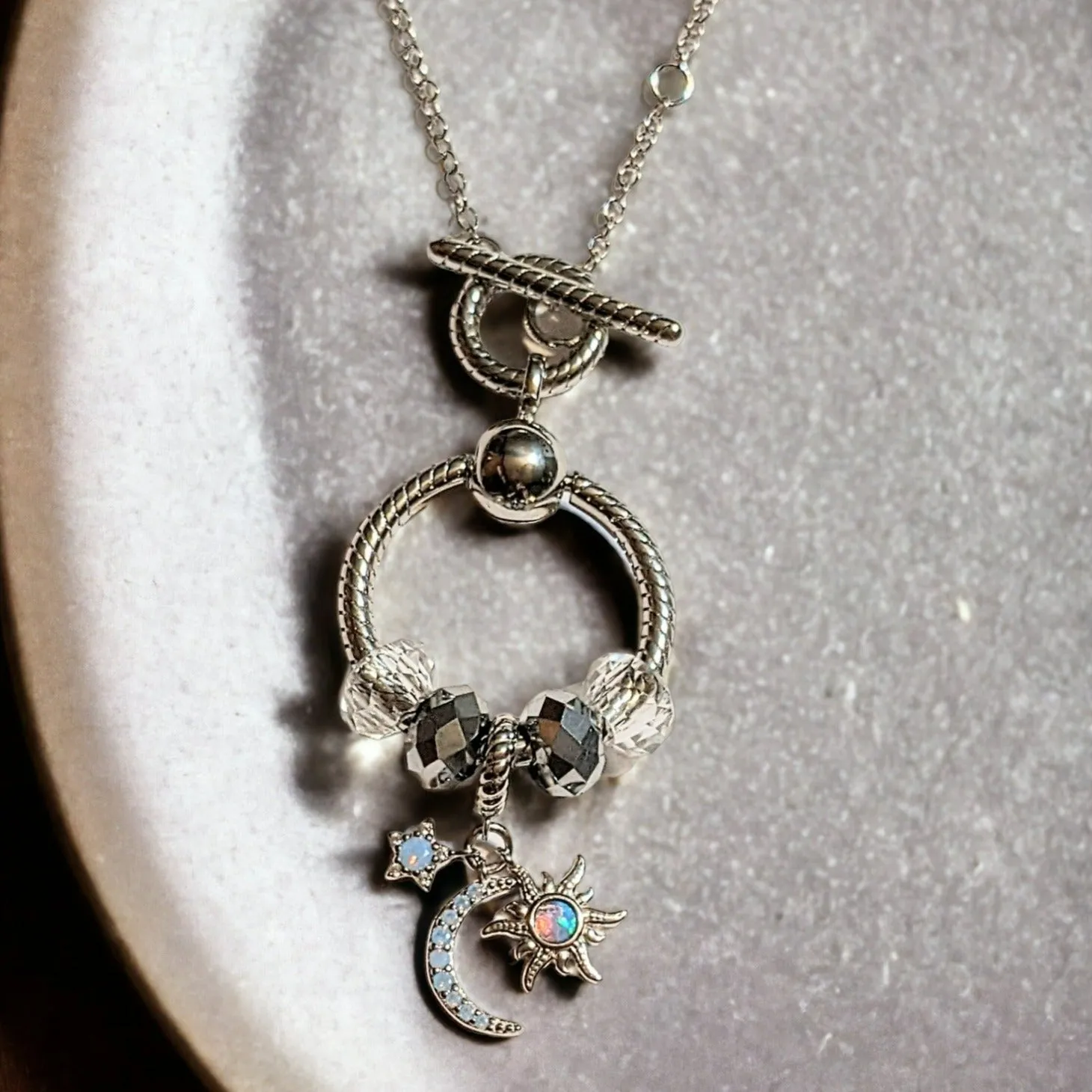 Moon Sun Star Sterling Silver Toggle Charm Necklace, 20 inches