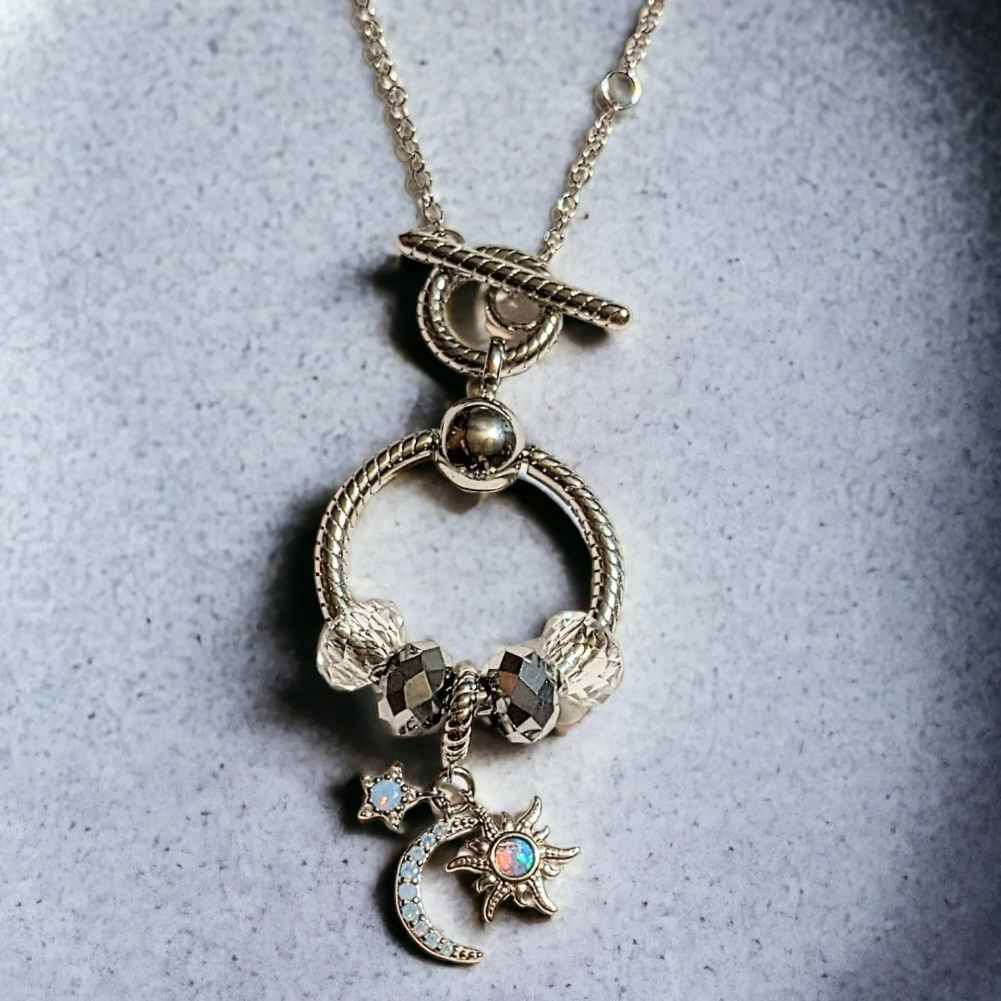 Moon Sun Star Sterling Silver Toggle Charm Necklace, 20 inches