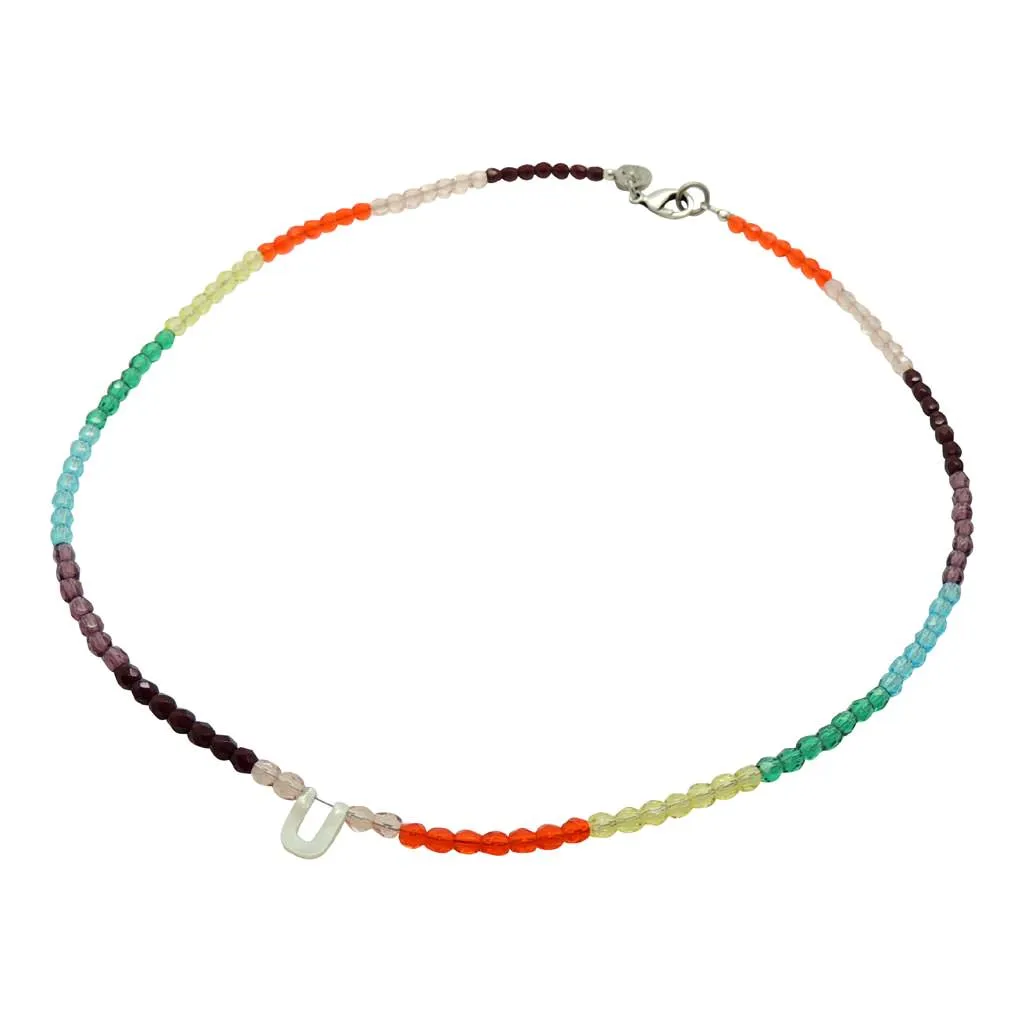 Mother of Pearl Alphabet Letter Charm Ombre Faceted Glass Bead Necklace