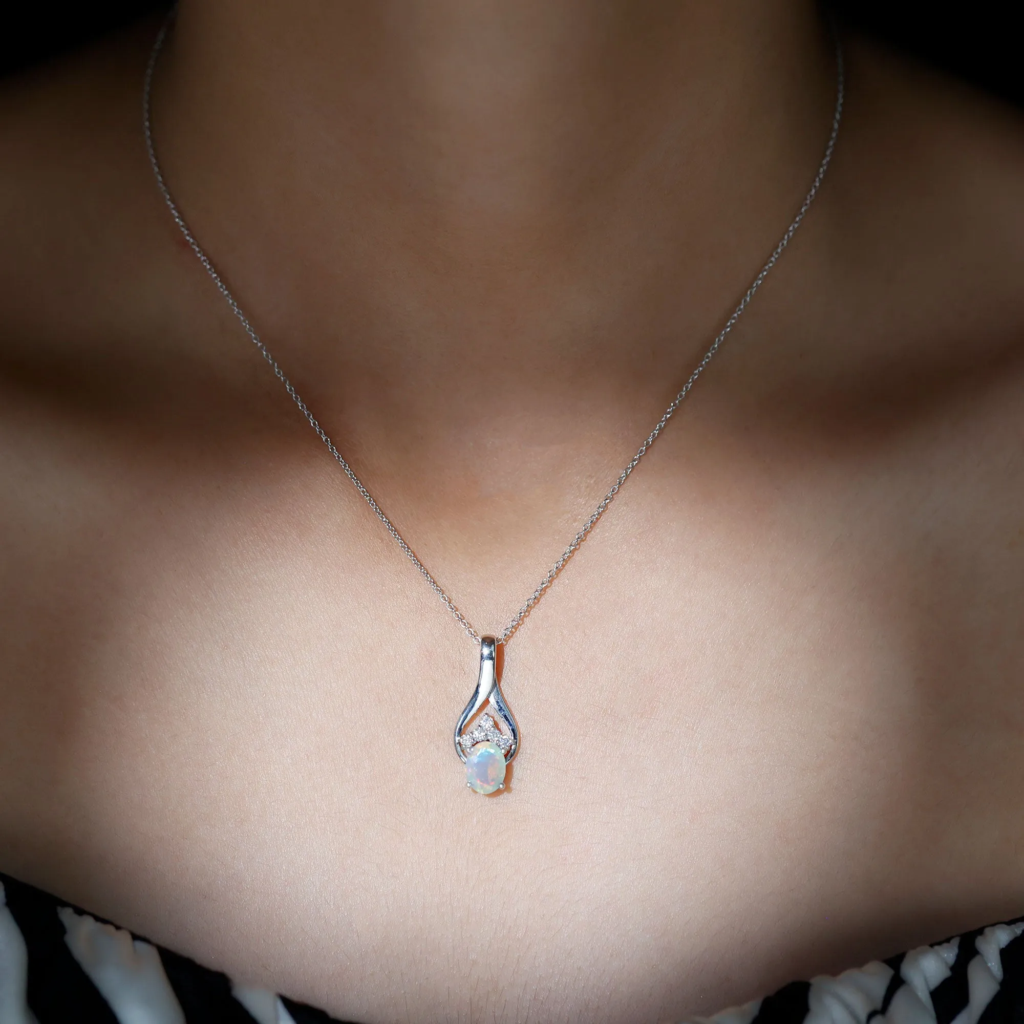 Oval Ethiopian Opal and Moissanite Teardrop Pendant