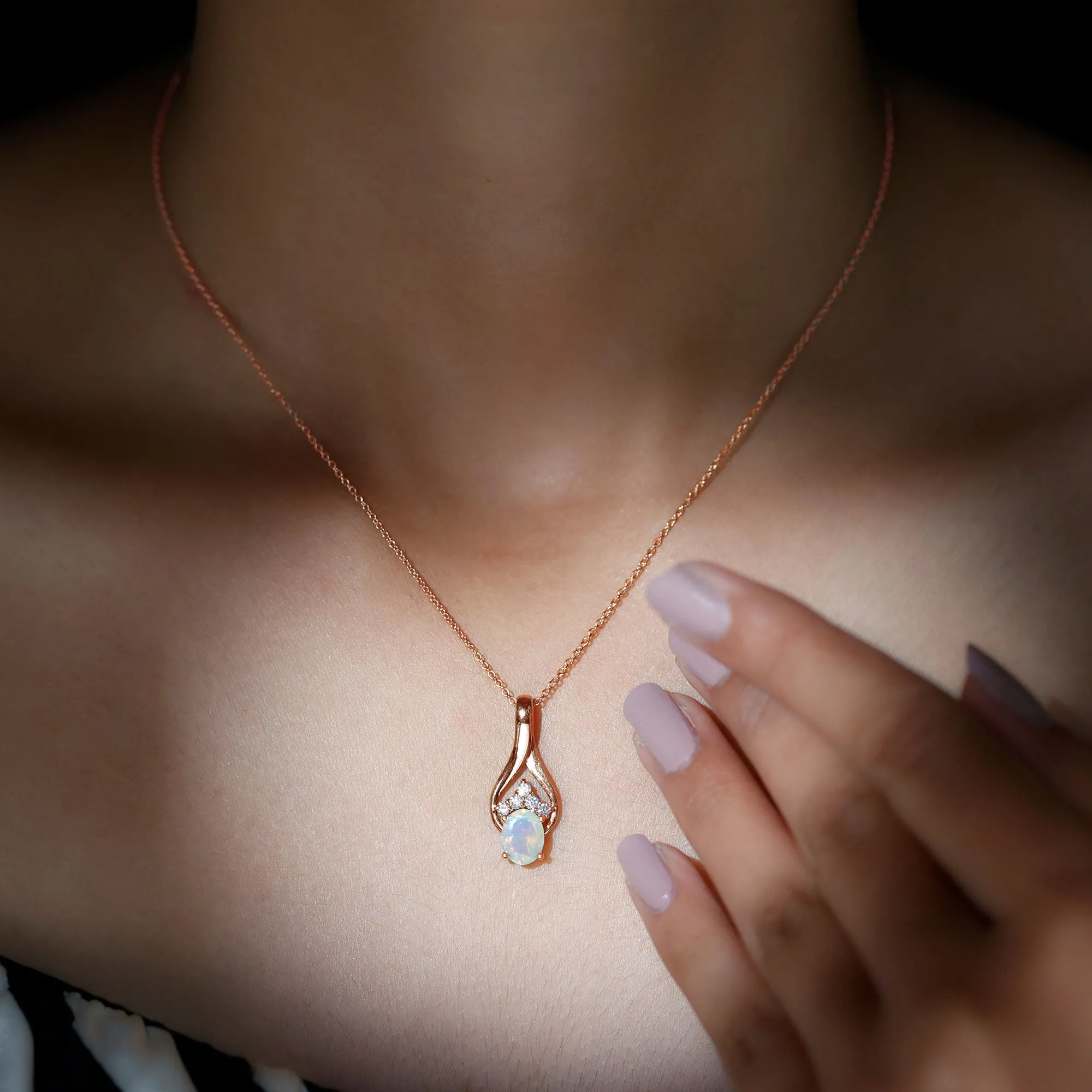 Oval Ethiopian Opal and Moissanite Teardrop Pendant