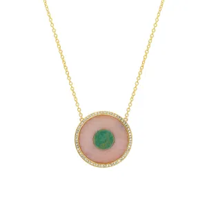 Pink Opal and Green Turquoise Inlay Evil Eye Necklace with Diamonds