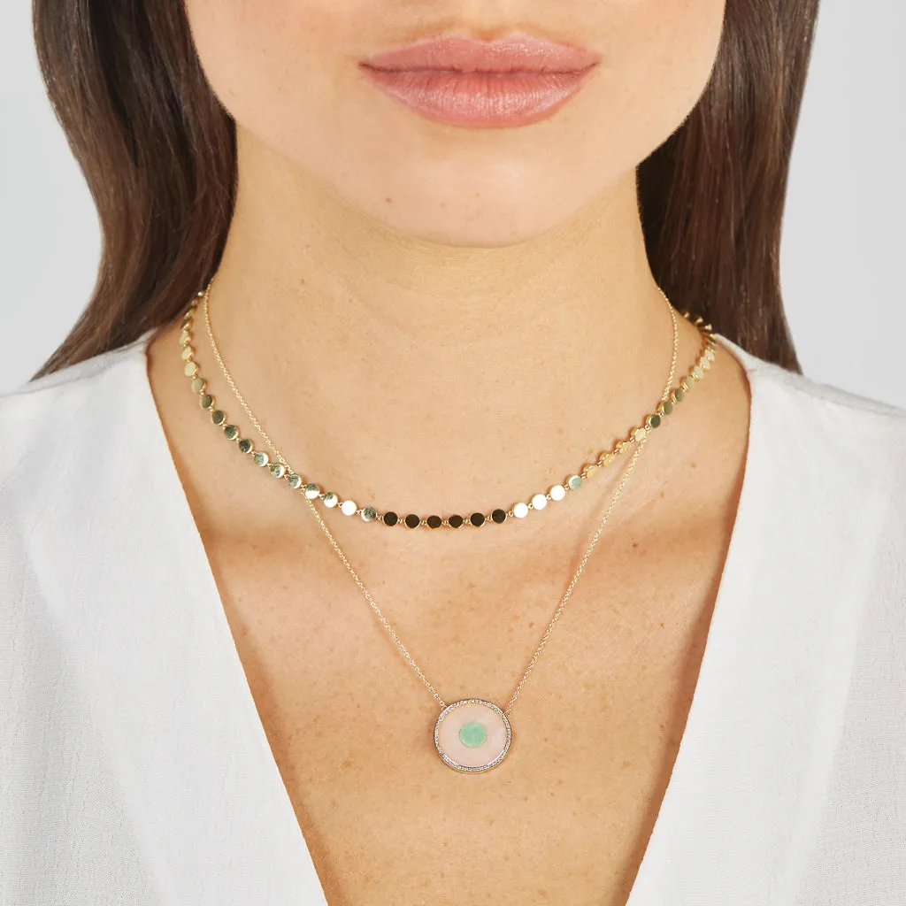 Pink Opal and Green Turquoise Inlay Evil Eye Necklace with Diamonds