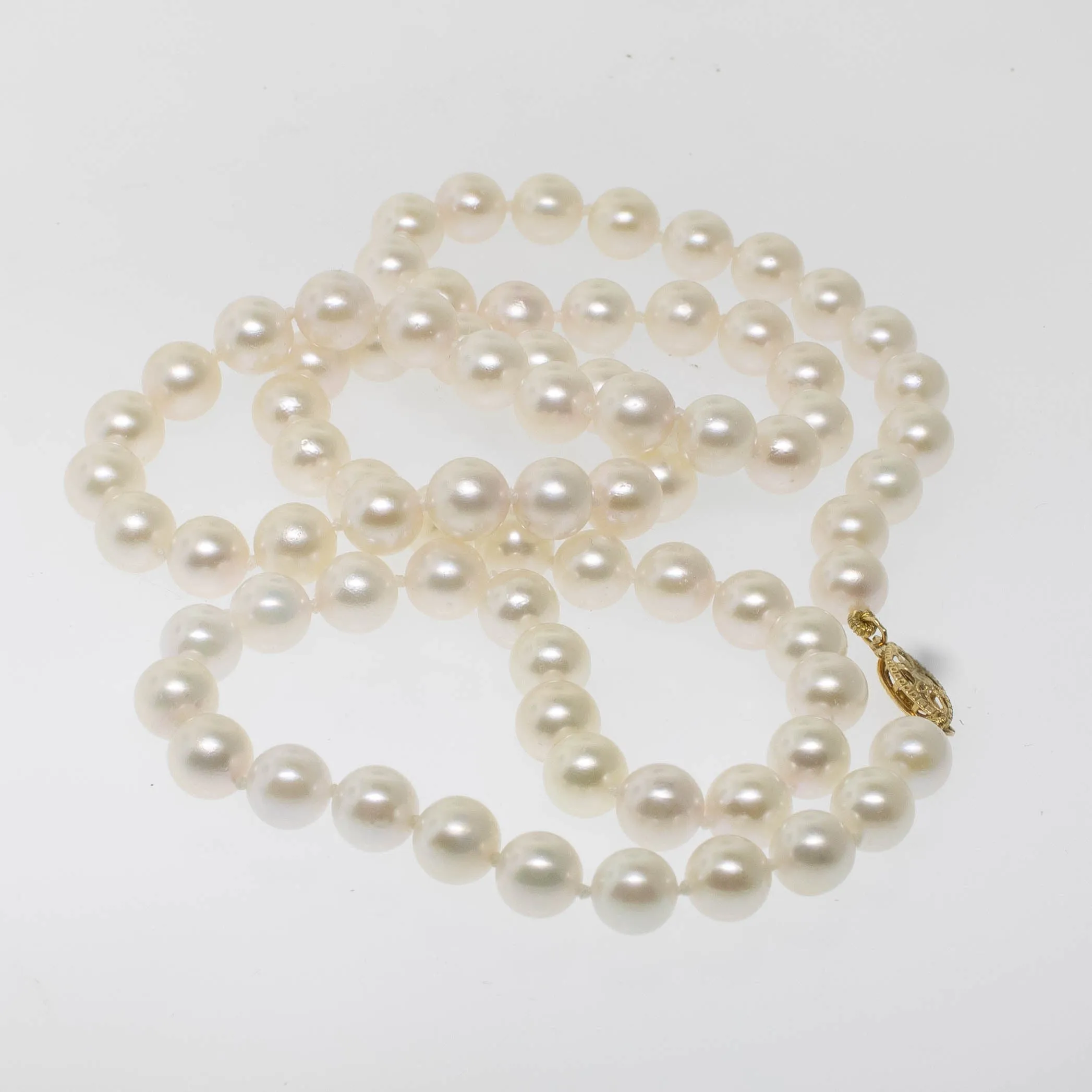 Pre-Owned 24” Knotted Akoya Cultured Pearl Necklace, 7-7.5mm, 14K Gold Clasp