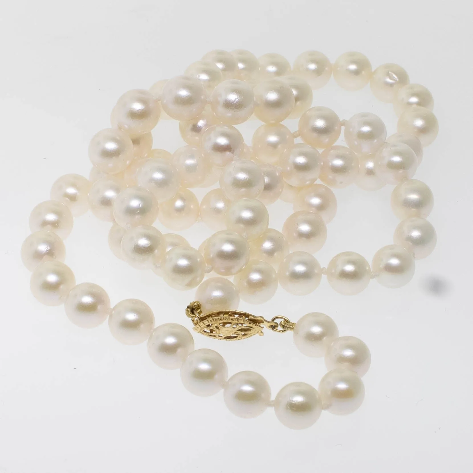 Pre-Owned 24” Knotted Akoya Cultured Pearl Necklace, 7-7.5mm, 14K Gold Clasp