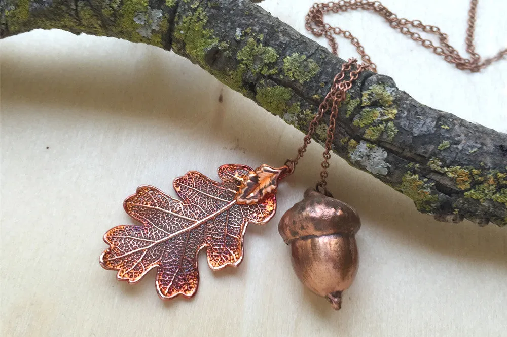 Real Acorn and Oak Leaf Lariat | Copper Electroformed Leaf & Acorn Necklace | Fall Nature Jewelry