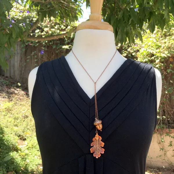 Real Acorn and Oak Leaf Lariat | Copper Electroformed Leaf & Acorn Necklace | Fall Nature Jewelry