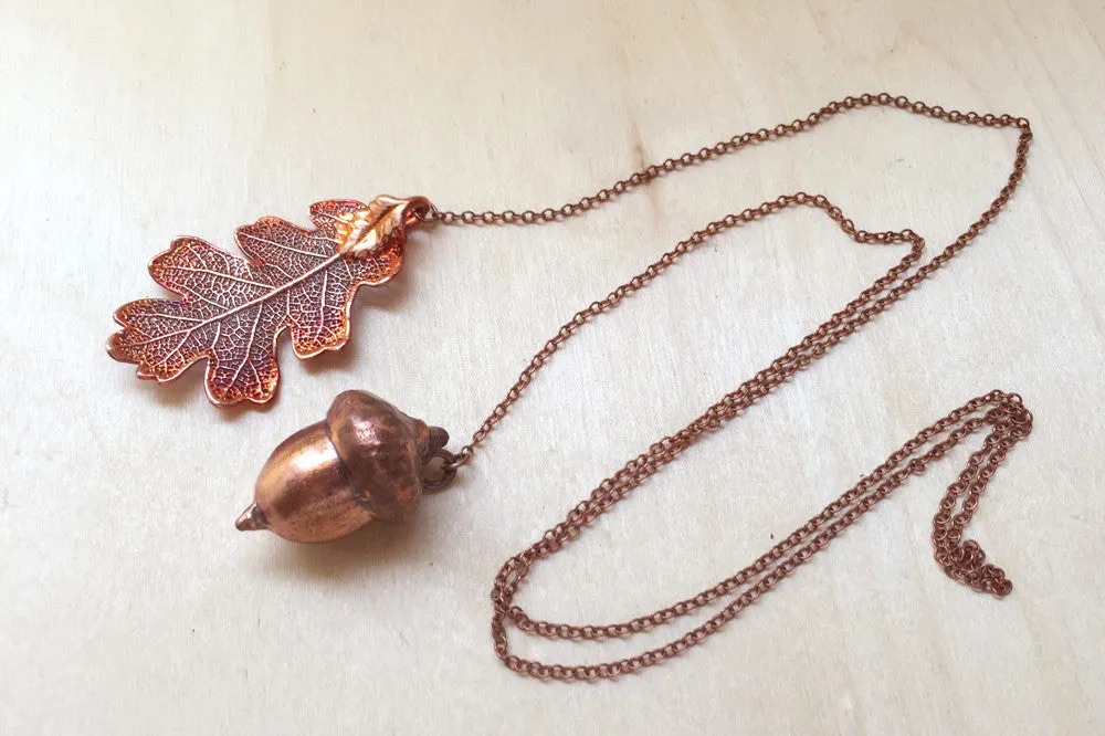 Real Acorn and Oak Leaf Lariat | Copper Electroformed Leaf & Acorn Necklace | Fall Nature Jewelry