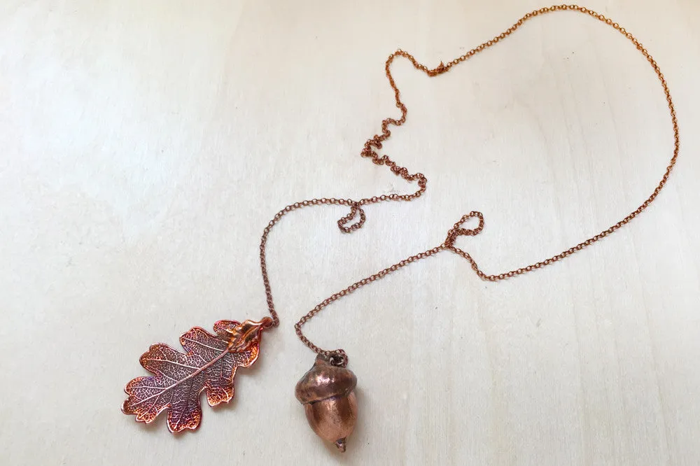 Real Acorn and Oak Leaf Lariat | Copper Electroformed Leaf & Acorn Necklace | Fall Nature Jewelry