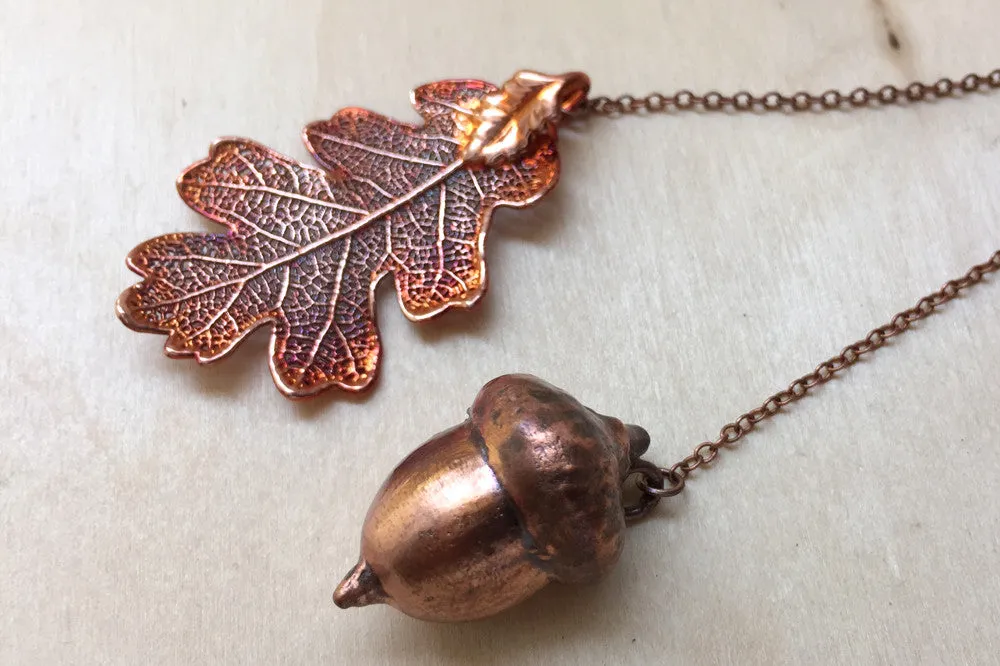 Real Acorn and Oak Leaf Lariat | Copper Electroformed Leaf & Acorn Necklace | Fall Nature Jewelry