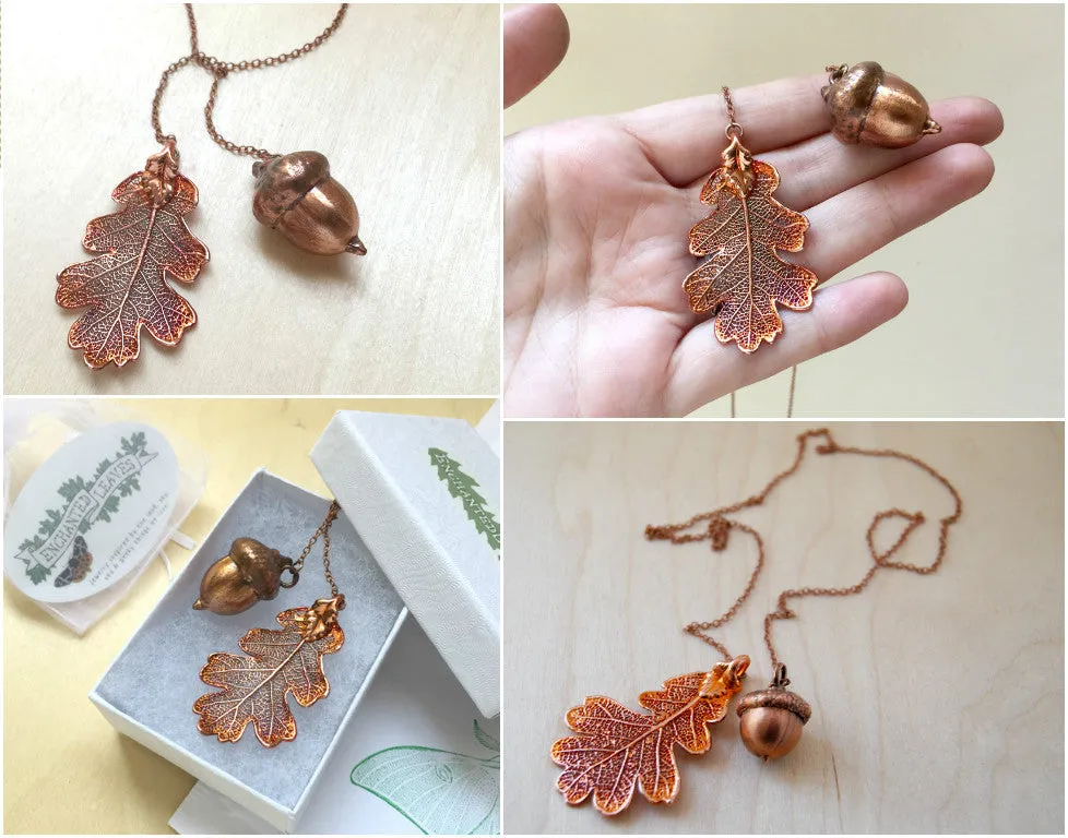 Real Acorn and Oak Leaf Lariat | Copper Electroformed Leaf & Acorn Necklace | Fall Nature Jewelry