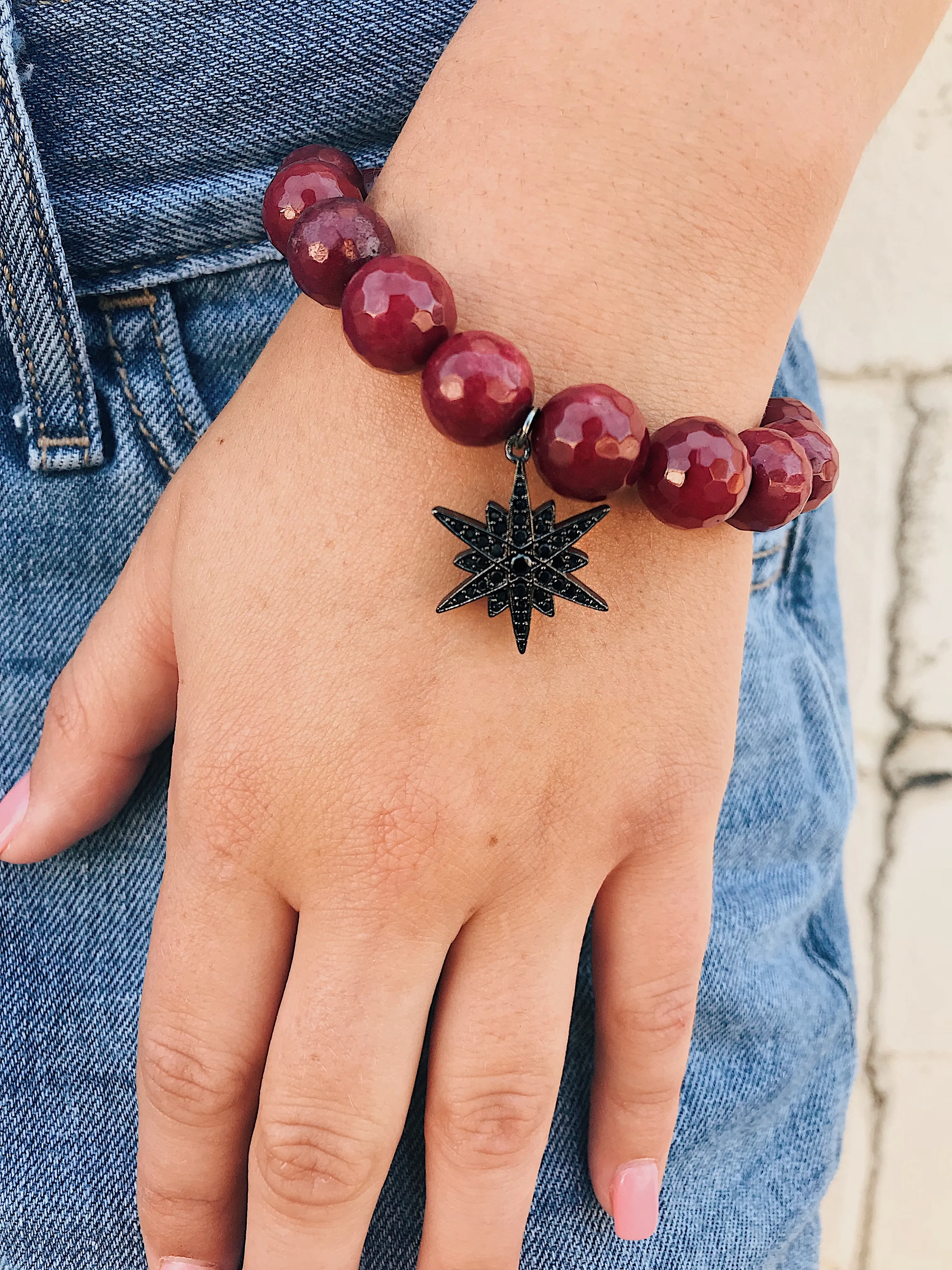 Red Jade Bracelet // CZ Star Charm