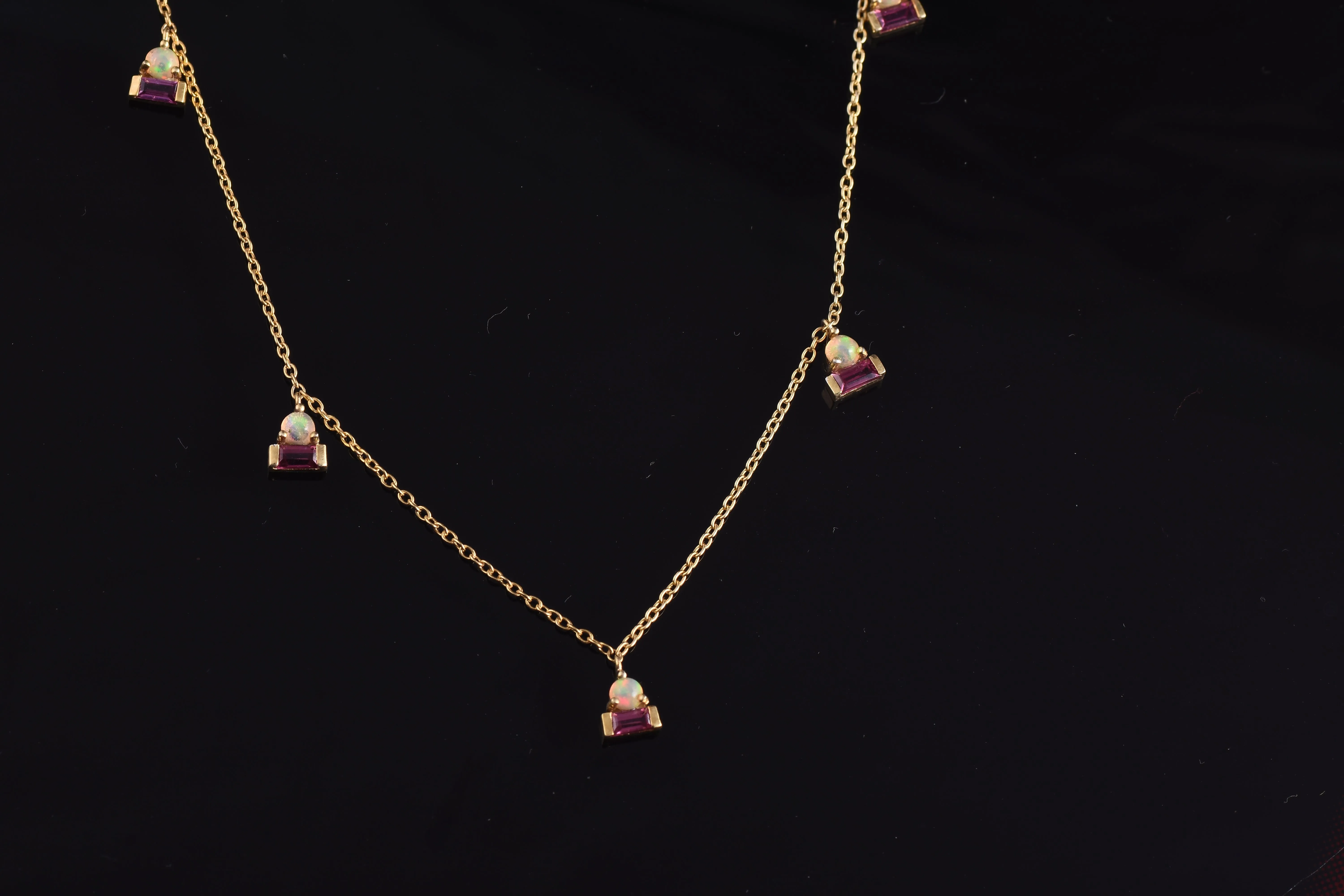 Rhdolite & Opal Droplet Station Choker Necklace