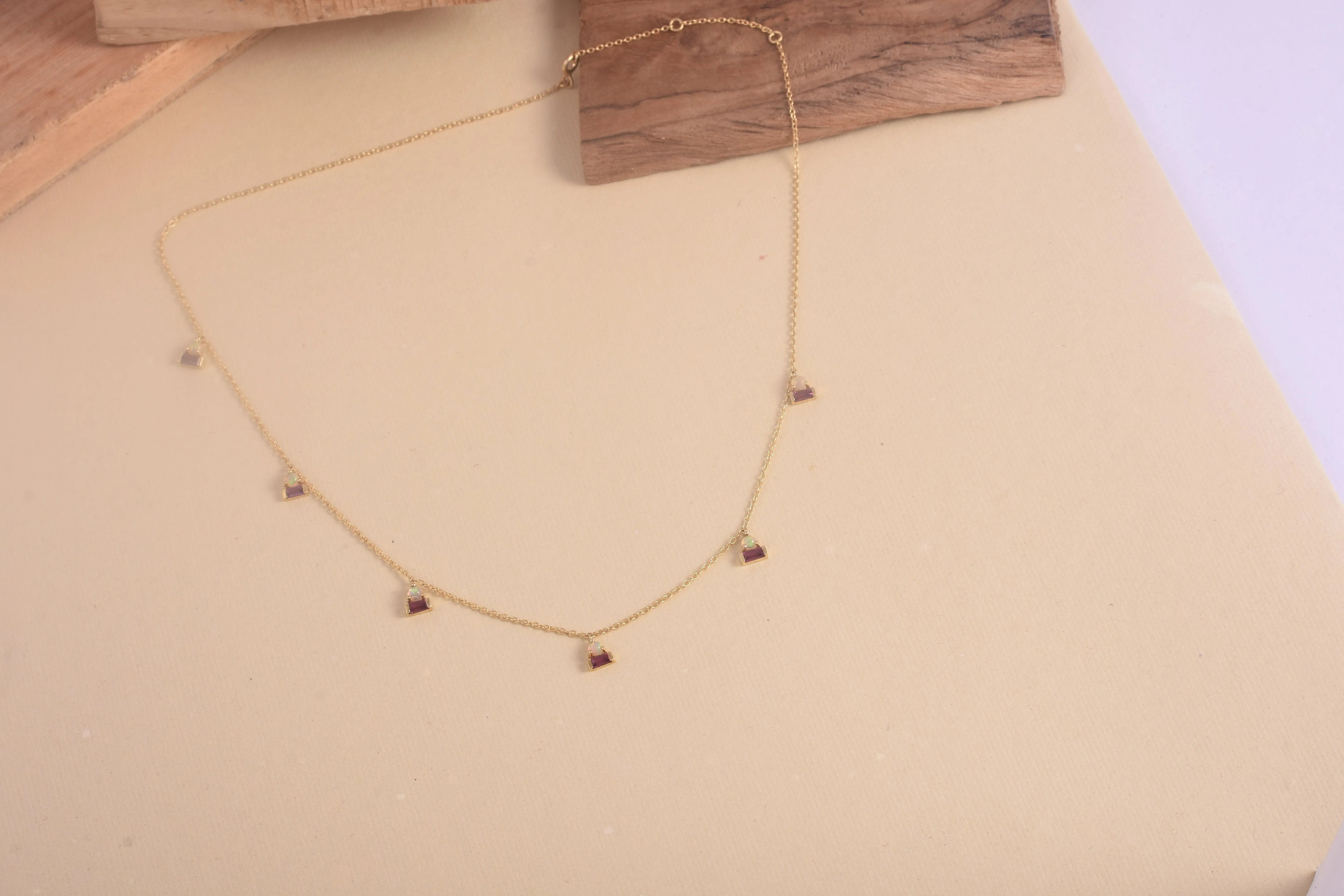 Rhdolite & Opal Droplet Station Choker Necklace