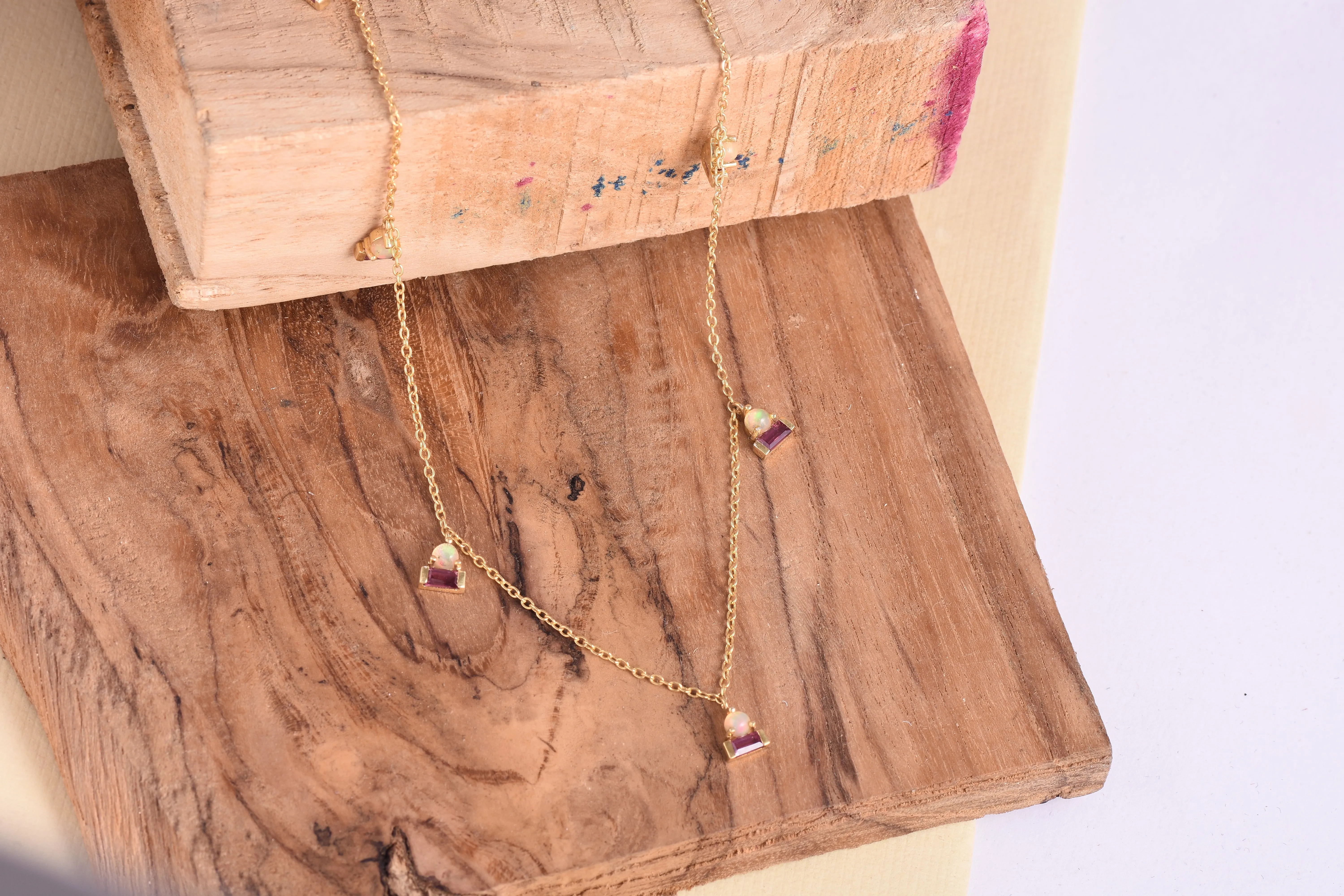 Rhdolite & Opal Droplet Station Choker Necklace