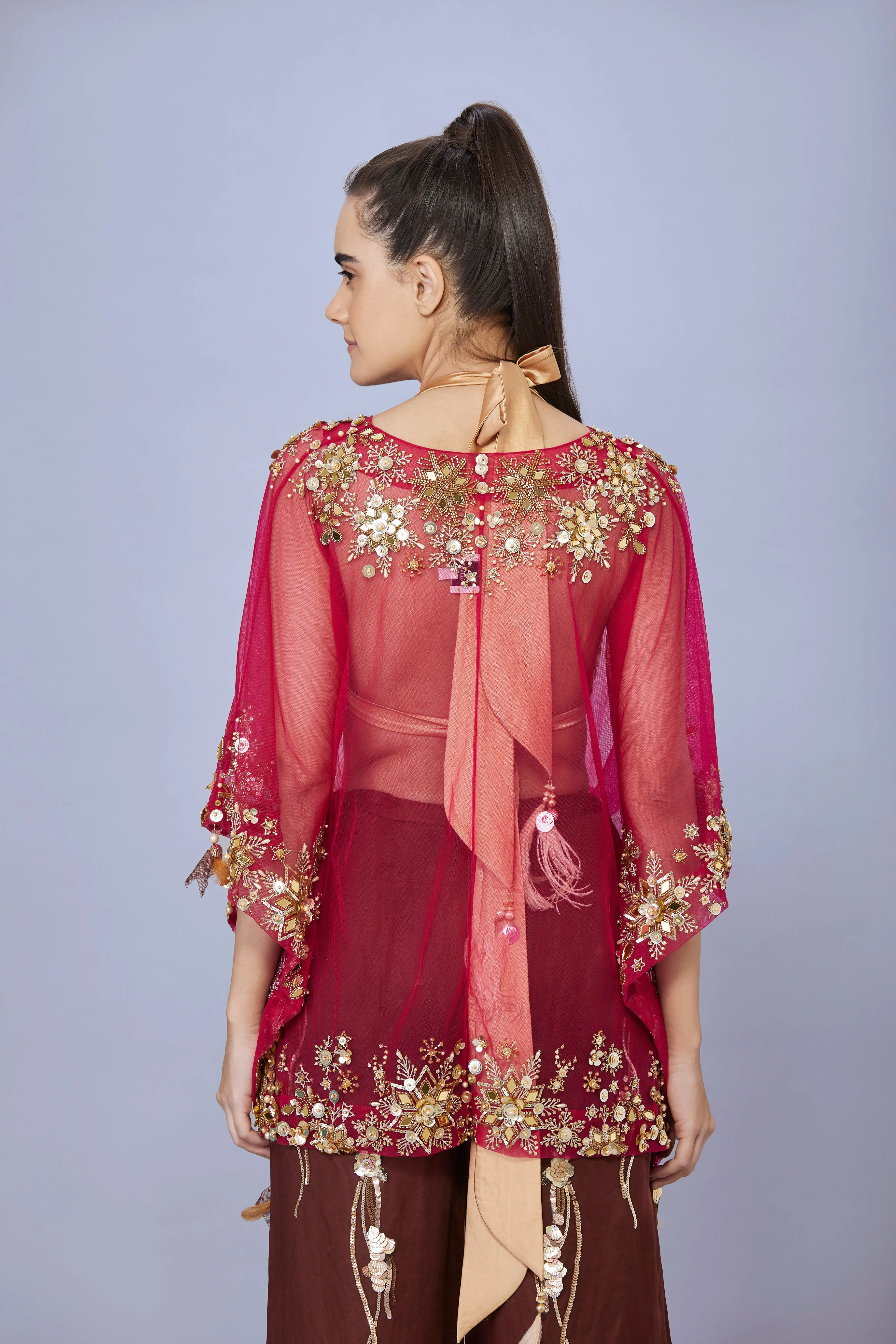 Ruby kaftan embroidered in mirrors & gold sequins