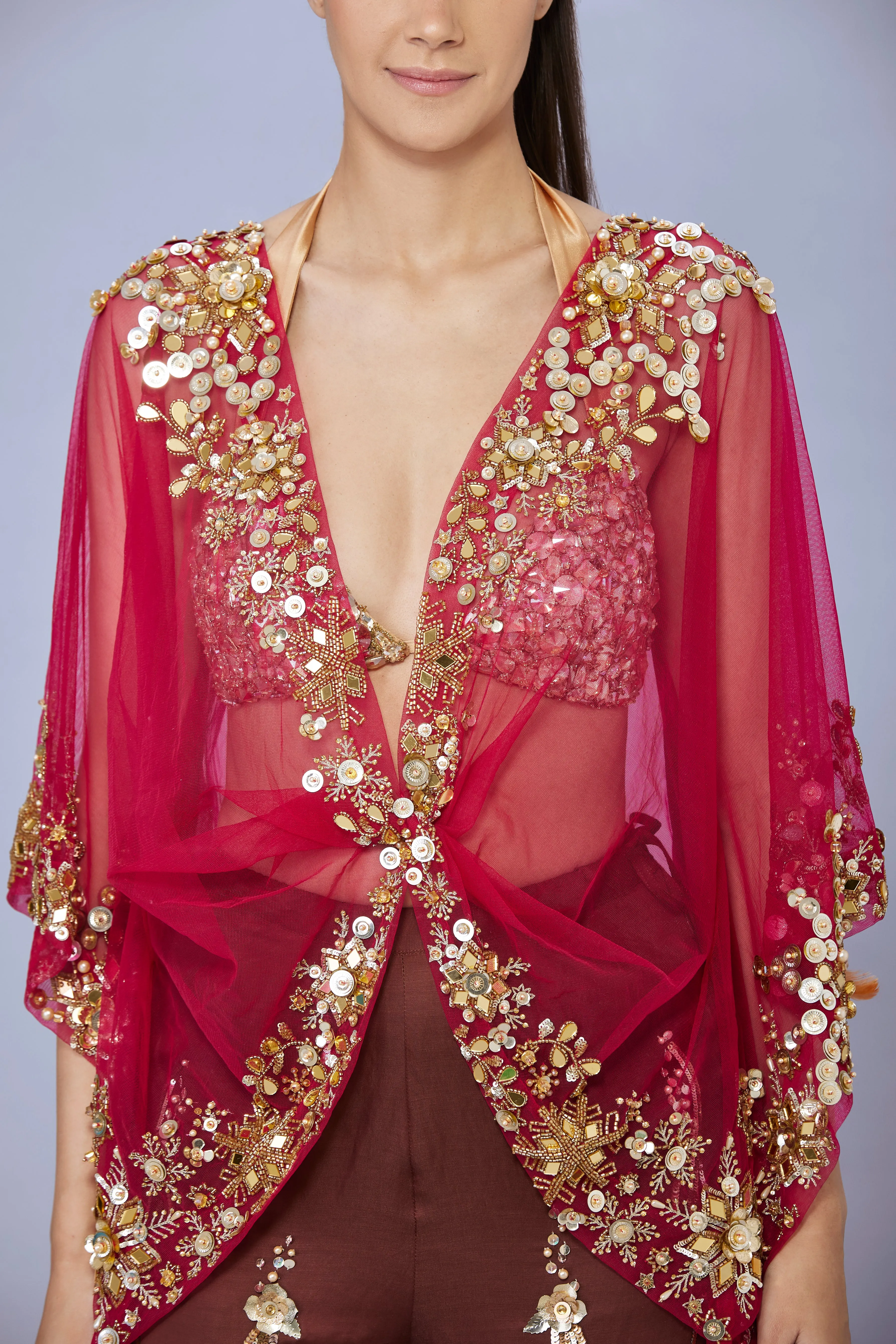 Ruby kaftan embroidered in mirrors & gold sequins
