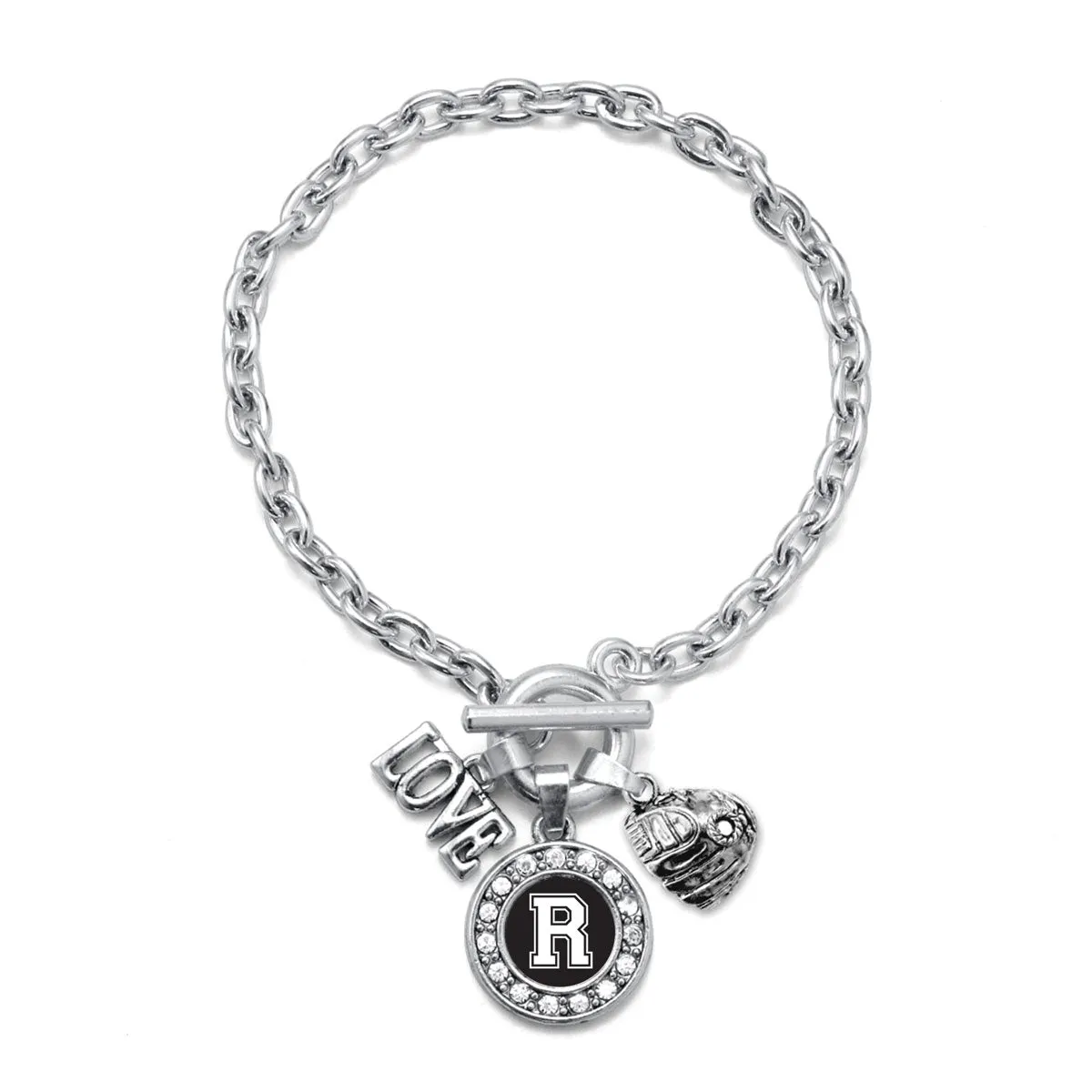 Silver Baseball Glove - Sports Initial R Circle Charm Toggle Bracelet