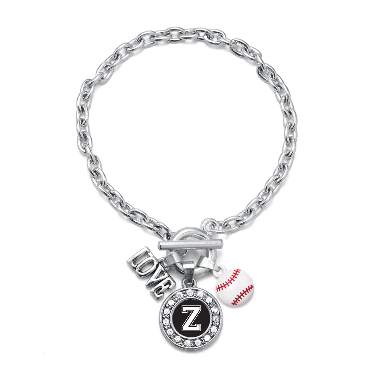 Silver Baseball - Sports Initial Z Circle Charm Toggle Bracelet