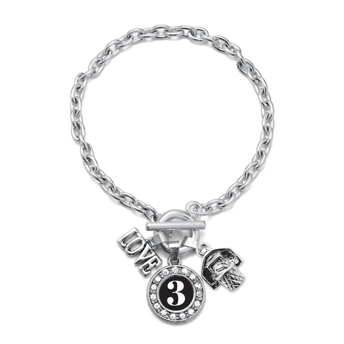 Silver Basketball Hoop - Sports Number 3 Circle Charm Toggle Bracelet