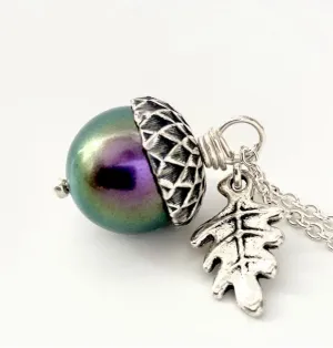 Silver Bewitched Magic Acorn Necklace | Iridescent Purple and Green Acorn Pendant | Forest Nature Jewelry
