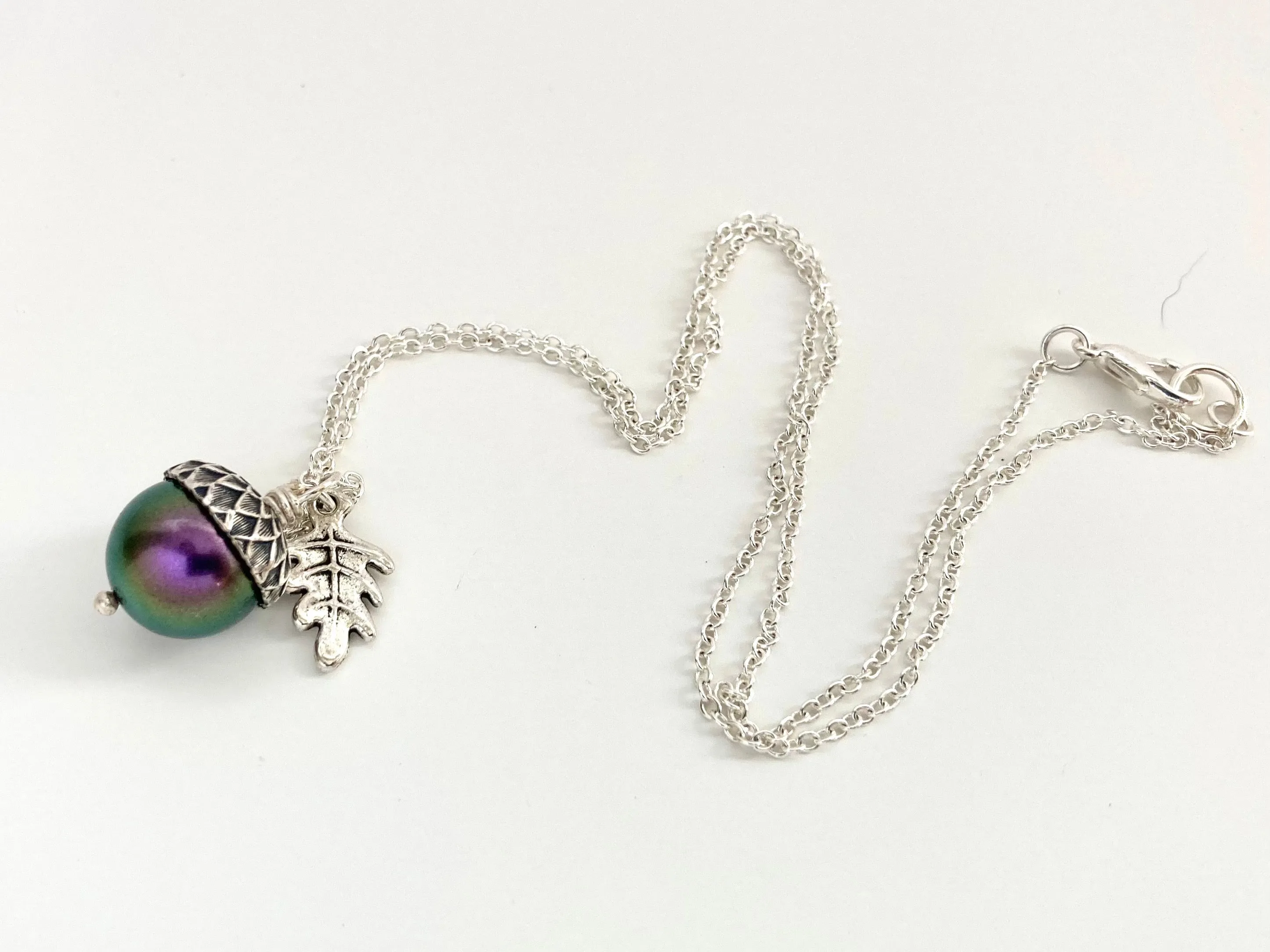 Silver Bewitched Magic Acorn Necklace | Iridescent Purple and Green Acorn Pendant | Forest Nature Jewelry