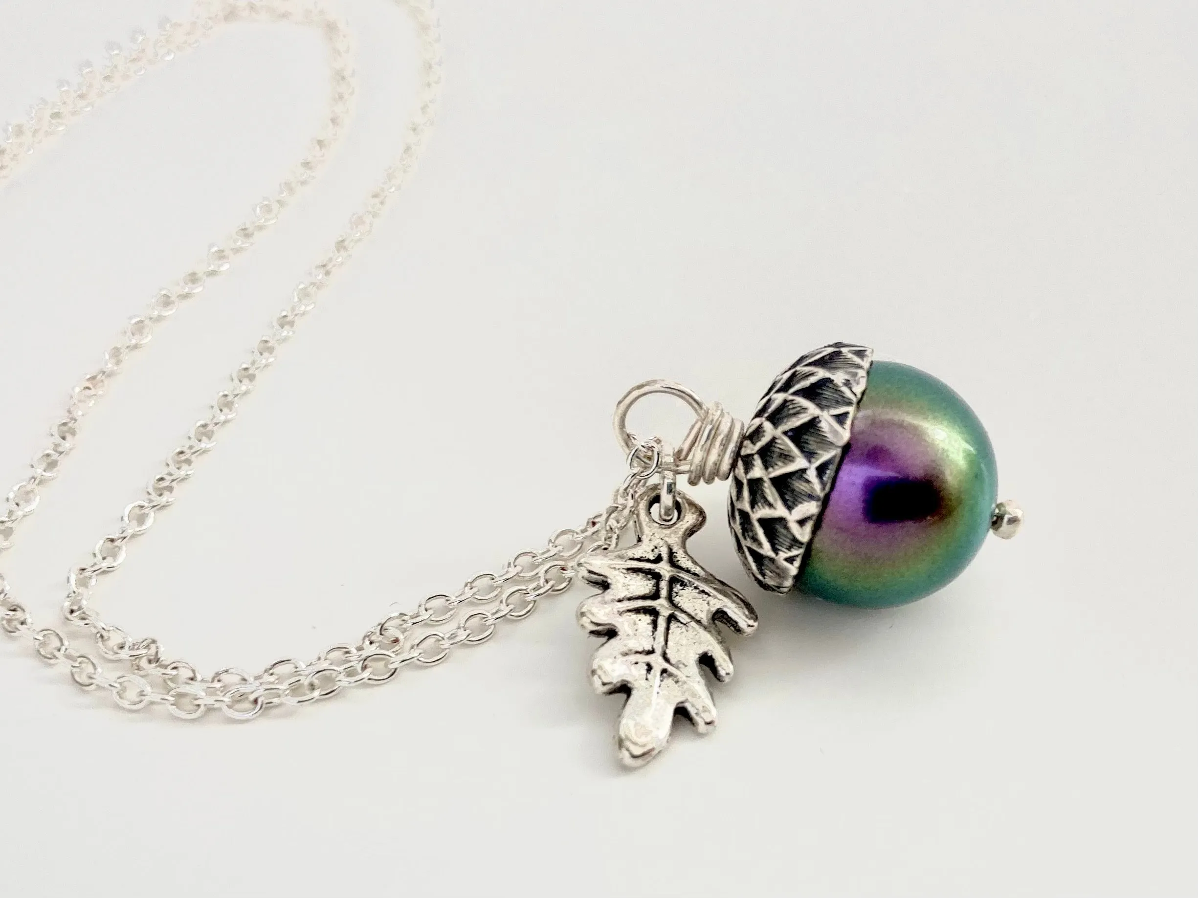 Silver Bewitched Magic Acorn Necklace | Iridescent Purple and Green Acorn Pendant | Forest Nature Jewelry