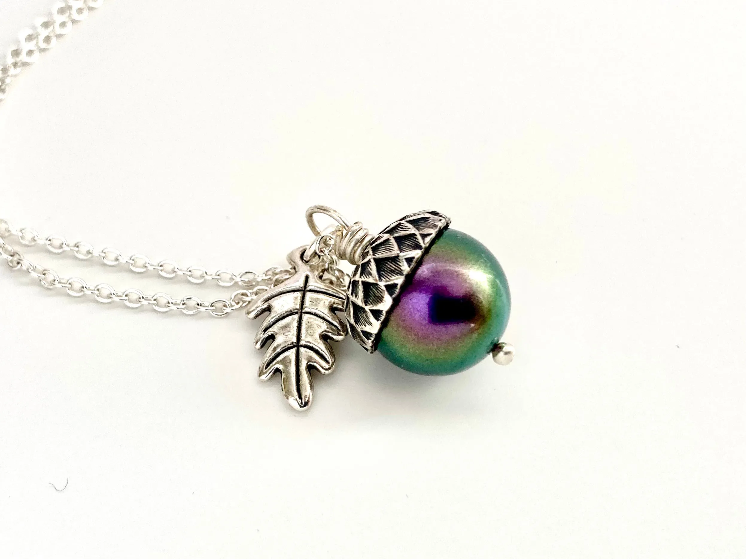 Silver Bewitched Magic Acorn Necklace | Iridescent Purple and Green Acorn Pendant | Forest Nature Jewelry