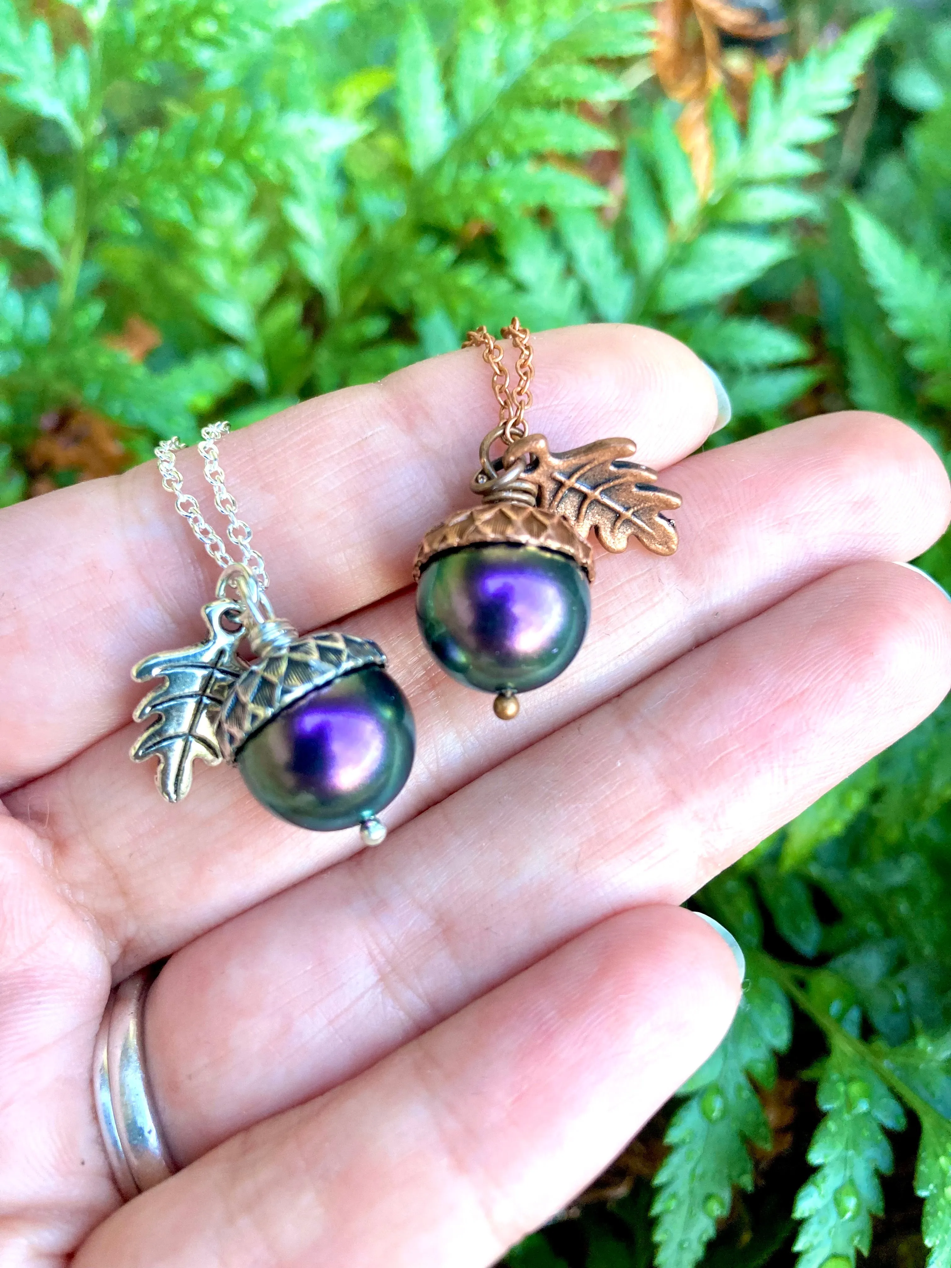 Silver Bewitched Magic Acorn Necklace | Iridescent Purple and Green Acorn Pendant | Forest Nature Jewelry
