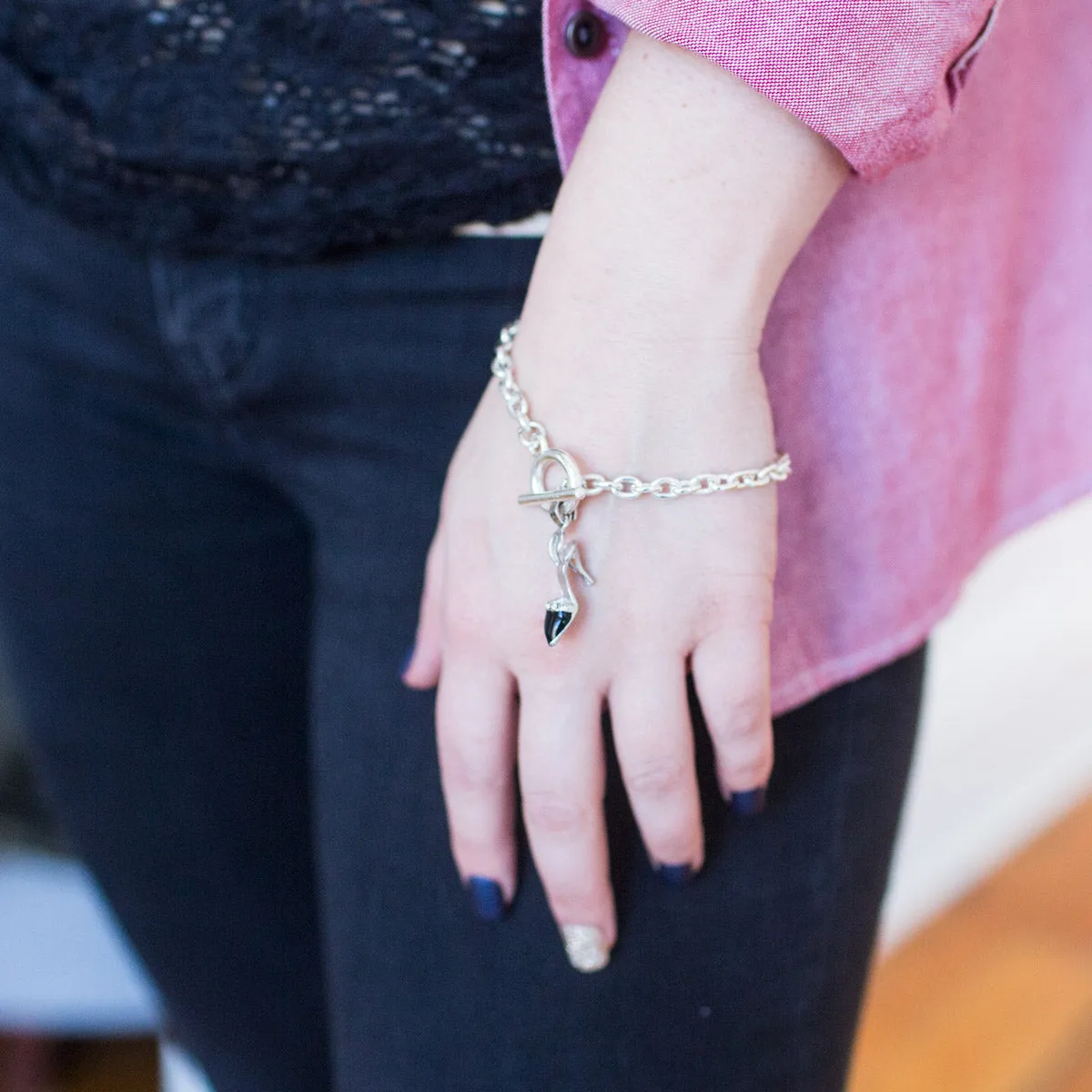 Silver Black Heel Shoe Charm Toggle Bracelet
