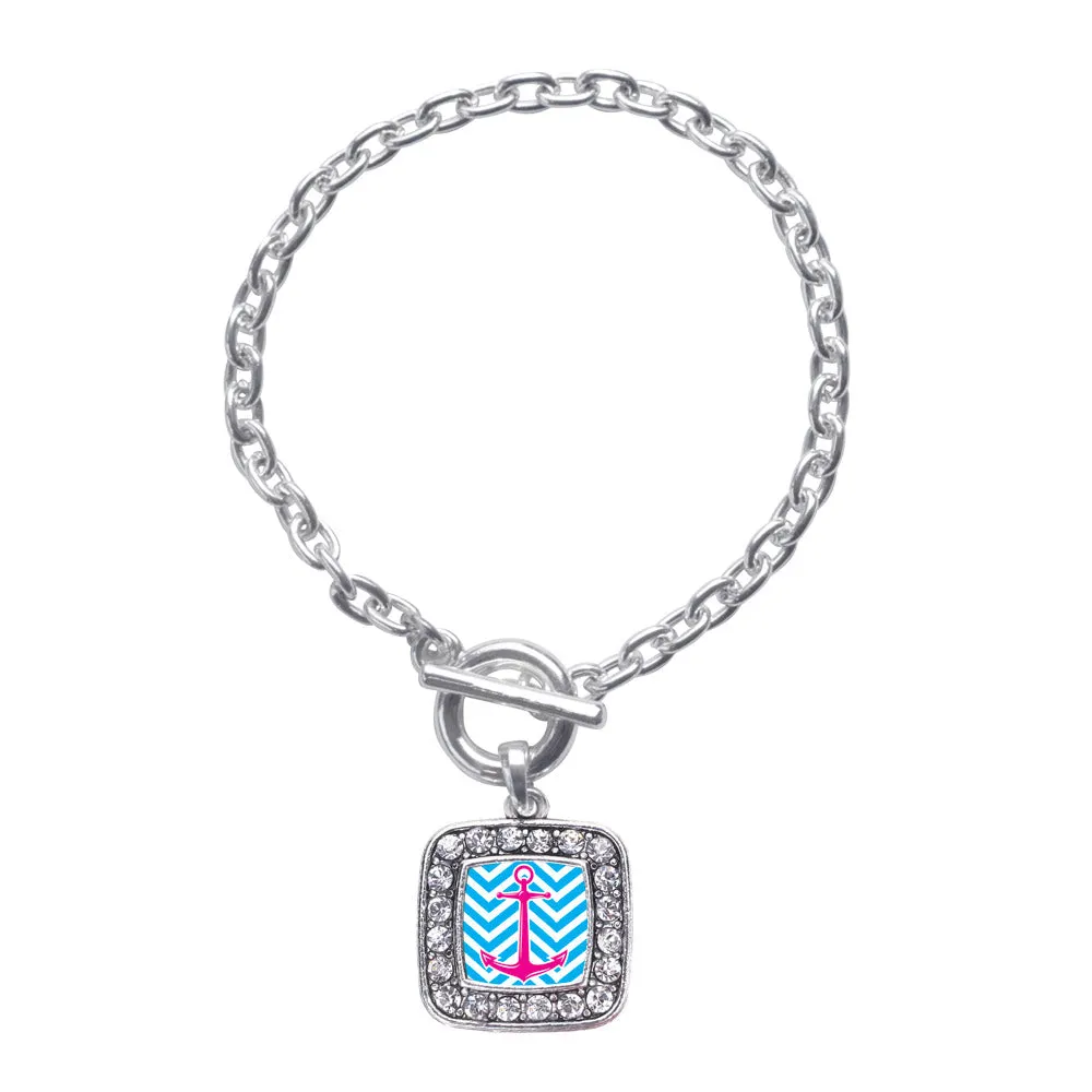 Silver Blue Chevron Pink Anchor Square Charm Toggle Bracelet