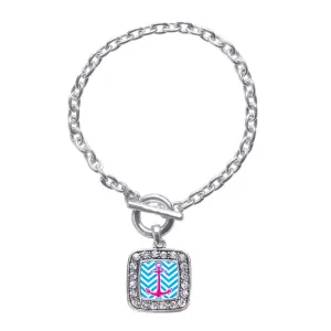 Silver Blue Chevron Pink Anchor Square Charm Toggle Bracelet