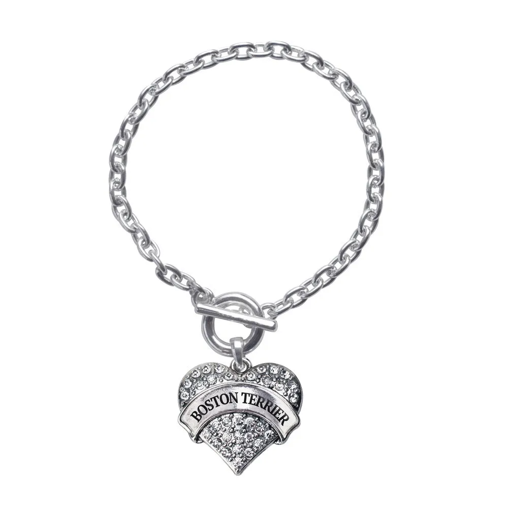 Silver Boston Terrier Pave Heart Charm Toggle Bracelet
