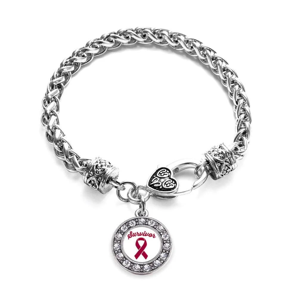 Silver Burgundy Ribbon Survivor Circle Charm Braided Bracelet